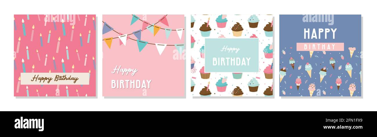 Ensemble de cartes de voeux pour joyeux anniversaire et modèles d'invitation à la fête, avec crèmes glacées, beignets et muffins. Friandises et gâteries pour anniversaire. Vecteur Illustration de Vecteur