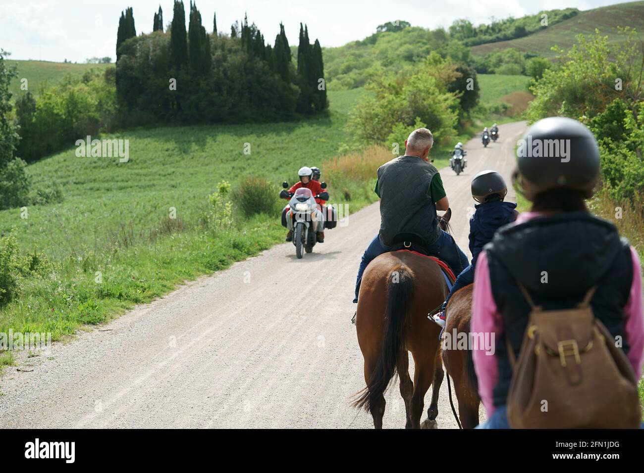 Rue blanche appelée Eroica, près de San Giovanni d'Asso, Montalcino Toscane, Italie. Dans les champs: Groupe de cavaliers et motos - sport Banque D'Images