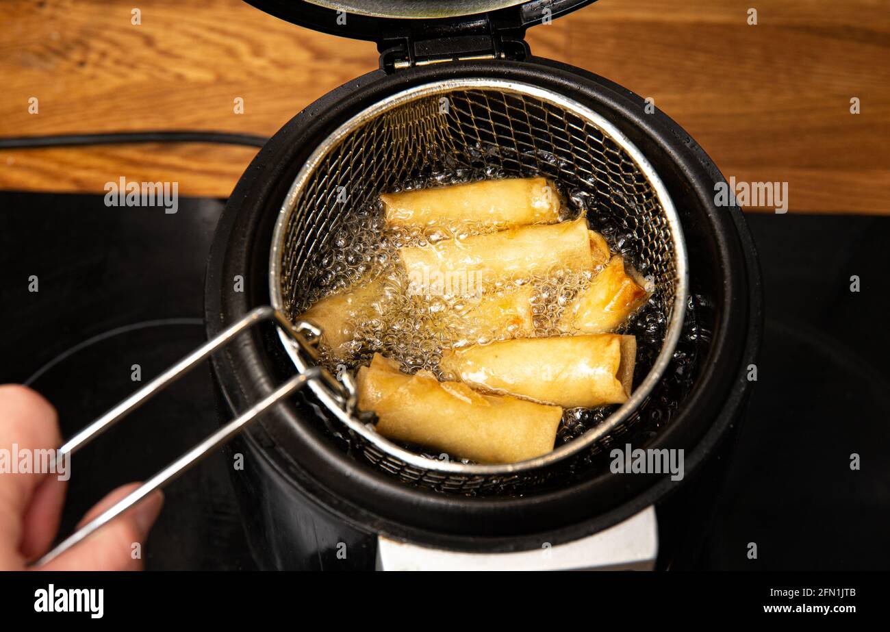 Rouleaux de printemps de légumes frits à l'intérieur de la cuve électrique spéciale pour friteuse, bouillant dans de l'huile de cuisson chaude. Aspect doré et croustillant. Banque D'Images