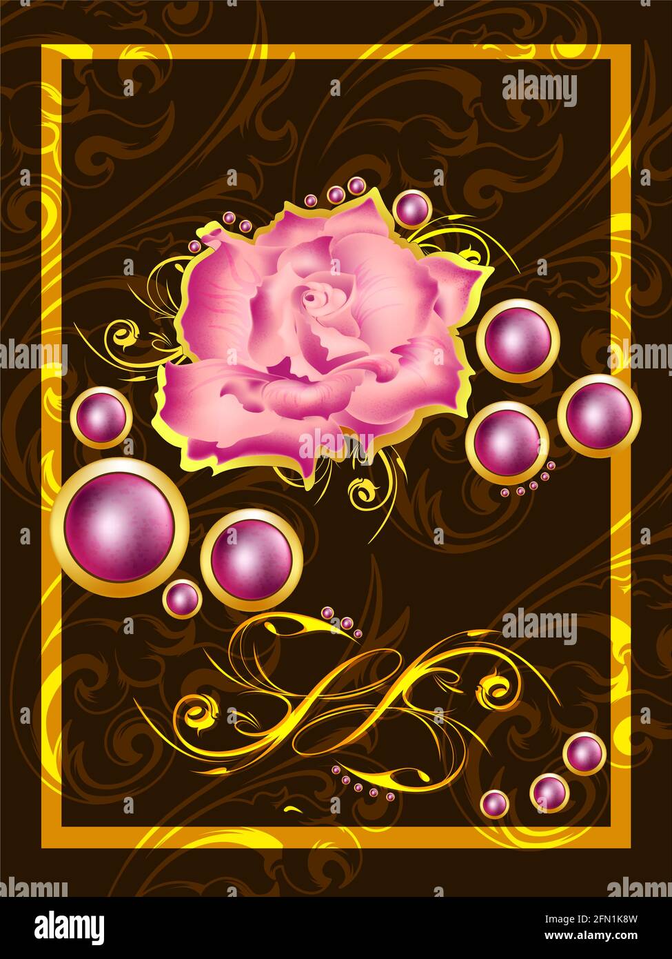 Cadre oriental abstrait avec ornement doré décoratif et une rose. Design pour bannière mode, couverture, conserver la carte de date, mariage ou fête d'anniversaire Illustration de Vecteur