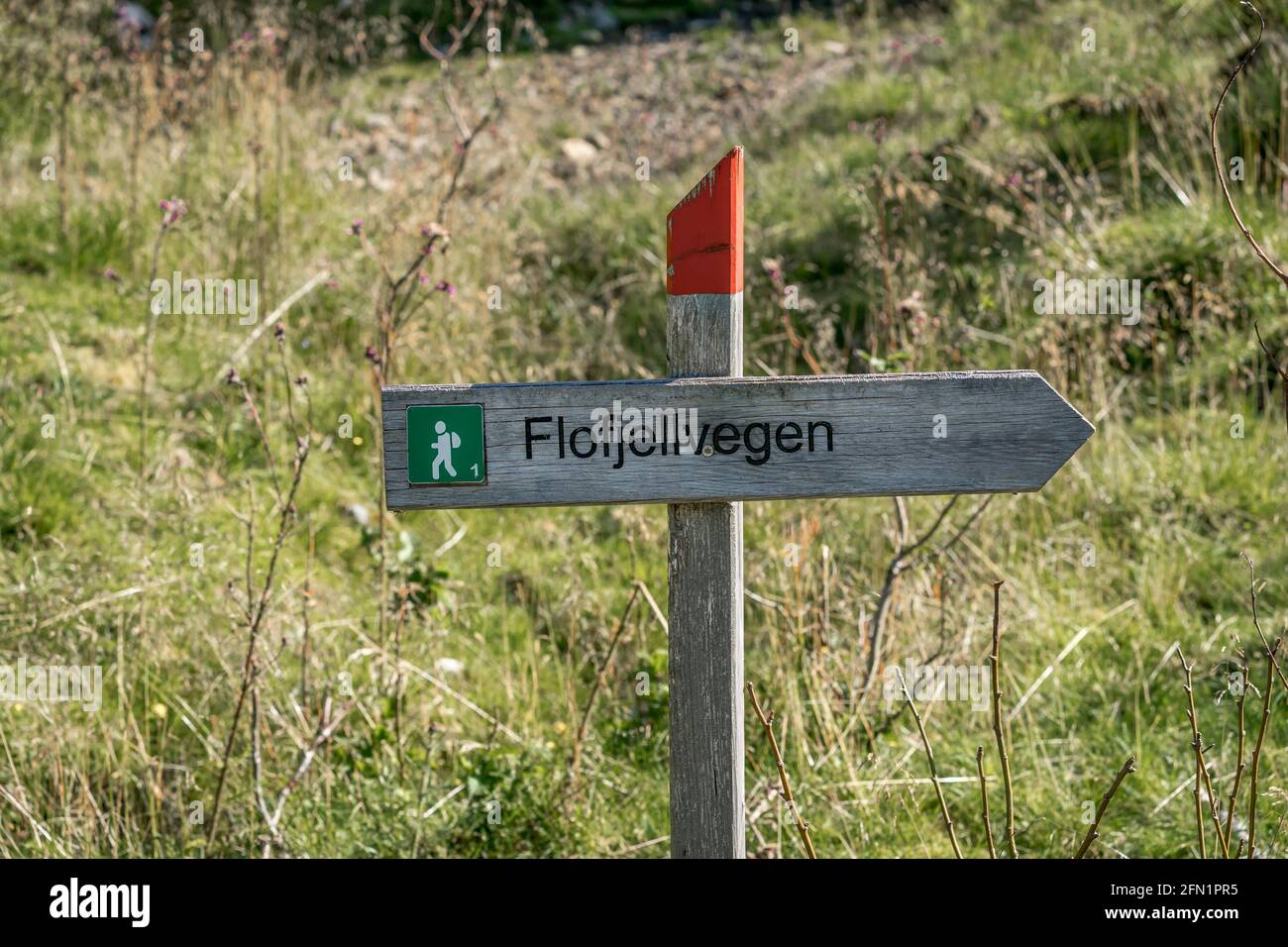 FLO, NORVÈGE - 2020 AOÛT 10. Panneau de randonnée en montagne indiquant la route vers Flovegen. Banque D'Images