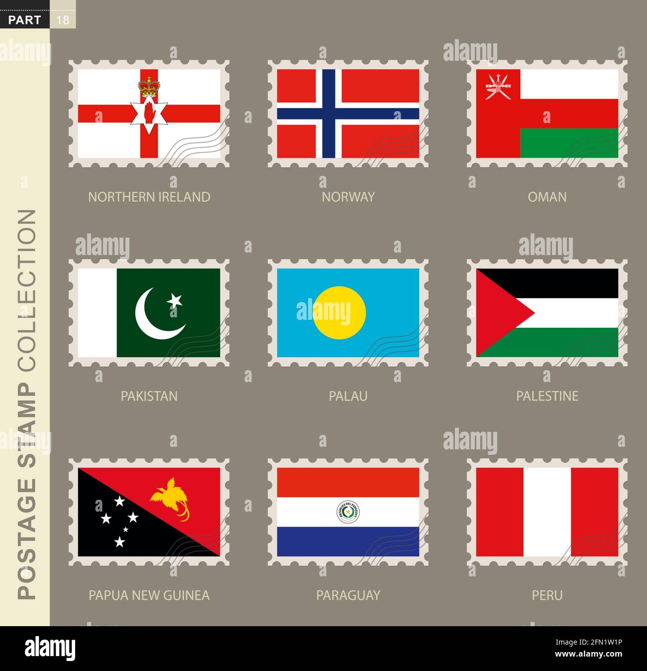 Timbre-poste avec drapeau, collection de 9 drapeau : Irlande du Nord, Norvège, Oman, Pakistan, Palaos, Palestine, Papouasie-Nouvelle-Guinée, Paraguay, Pérou Illustration de Vecteur