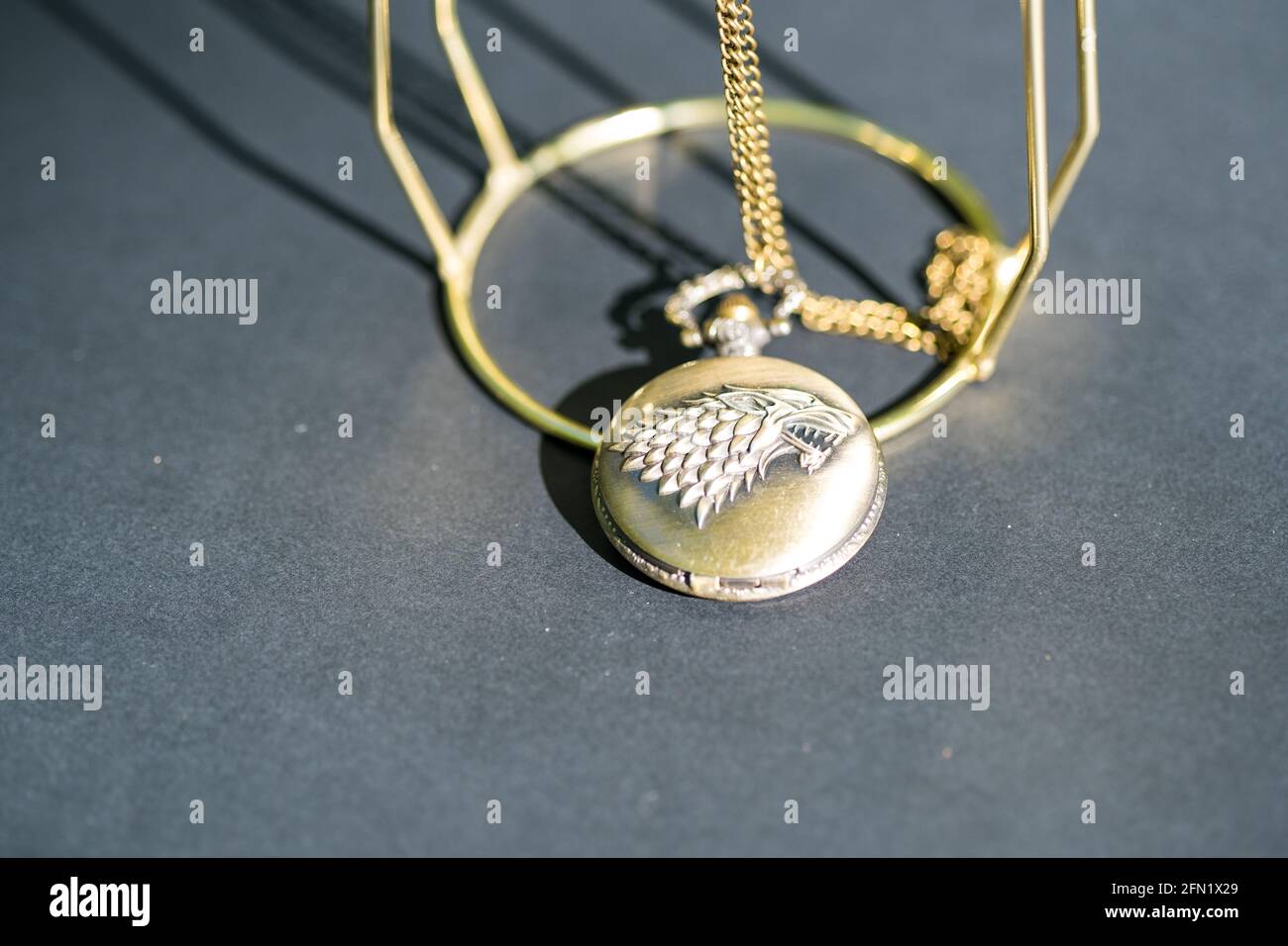 Montre de poche à motif tête de loup. Mise au point sélective Banque D'Images