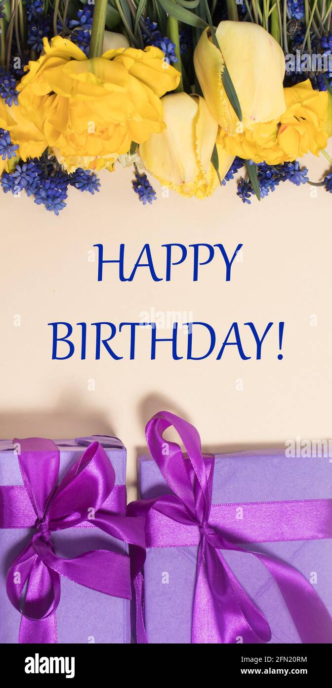 Vertical Anniversaire Carte De Voeux Joyeux Anniversaire Avec Des Fleurs De Tulipe Jaunes Et Des Boites Cadeaux Violettes Photo Stock Alamy Vertical Anniversaire Carte De Voeux Joyeux Anniversaire Avec Des Fleurs De Tulipe Jaunes Et Des Boites Cadeaux Violettes Photo Stock Alamy