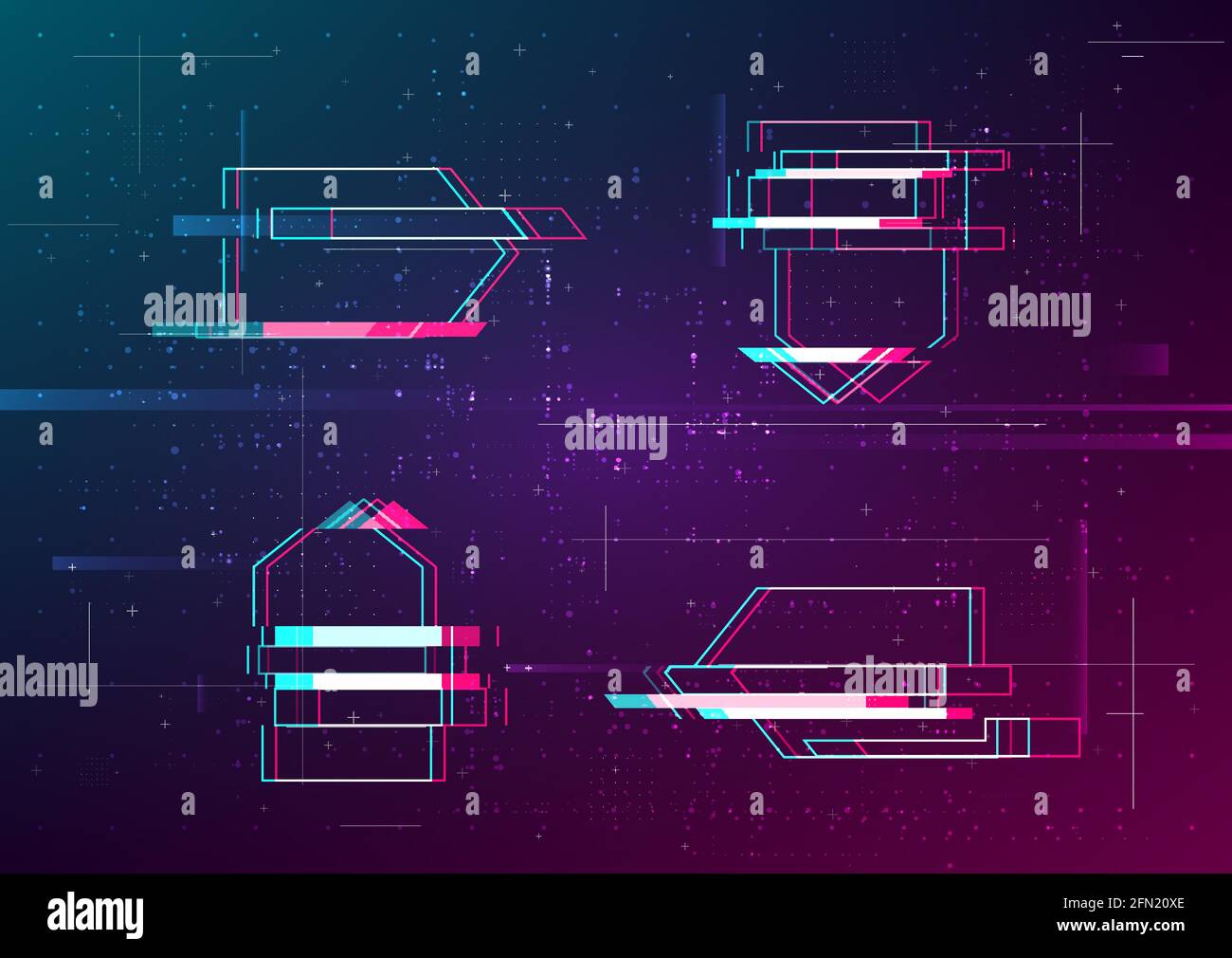Ensemble de flèches vectorielles futuristes de la cyber-punk. Pointeurs lumineux modernes avec effet de distorsion. Bon pour le design promo musique électronique événements, jeu Illustration de Vecteur