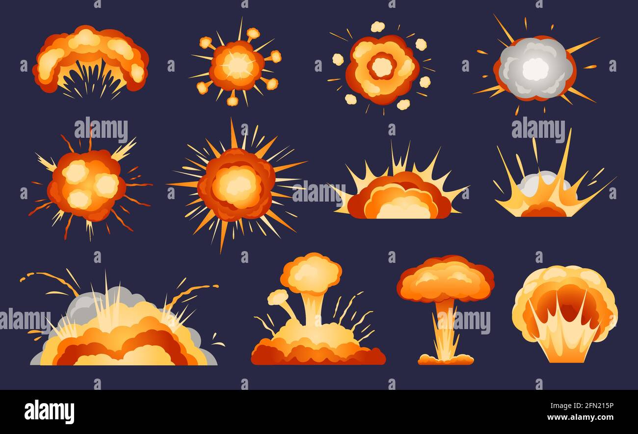Explosions de dessins animés. Nuage de champignons atomiques, effet d'explosion de bombe, fumée d'explosion d'incendie, détonation de dynamite. Jeu de vecteurs explosion, effets de bande dessinée. Explosion d'une bombe nucléaire brillante Illustration de Vecteur