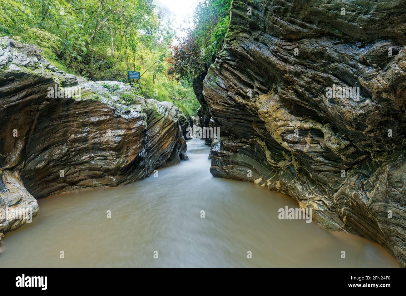 Un gros plan d'une roche à côté de l'eau effets de volet lent dans la forêt verte de Wang Sila Lang, Nan, Thaïlande Banque D'Images