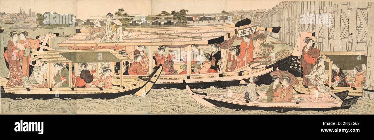 Bateaux de plaisance sur la rivière Sumida sous le pont Shin-Ōhashi - ca. 1792 - Chōbunsai Eishi - Japonais Banque D'Images