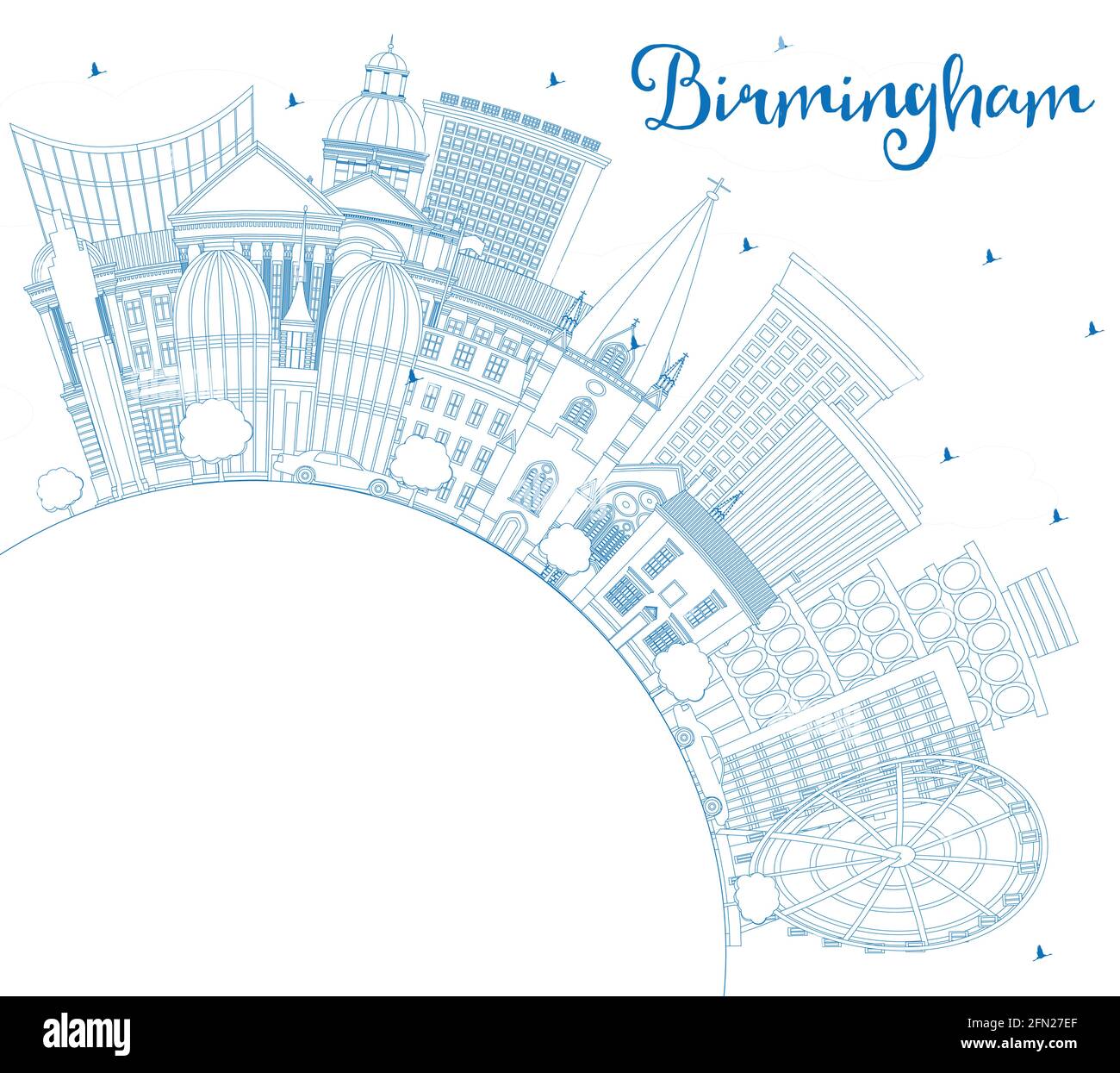 Outline Birmingham UK City Skyline avec Blue Buildings et Copy Space. Illustration vectorielle. Birmingham CityScape avec des monuments. Voyages d'affaires. Illustration de Vecteur