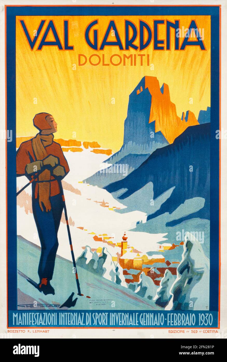 DOLOMITES AFFICHE DE VOYAGE SKI VINTAGE Val Gardena Dolomiti 1930 affiche de voyage lithographie vintage. Événements sportifs internationaux janvier-février 1930 Banque D'Images