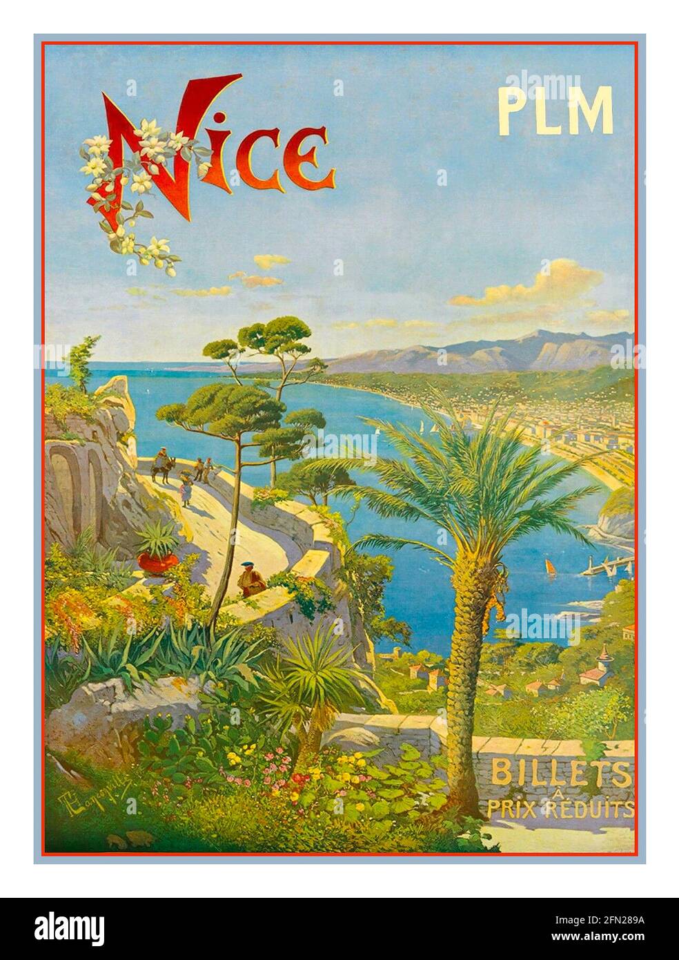 Nice Vintage 1900's Travel Poster PLM French Rail billets de chemin de fer A prix réduits Plage mer et palmiers Côte d'Azur Vintage Travel Publicité Art Poster pour Nice Côte d'Azur Sud De France Banque D'Images