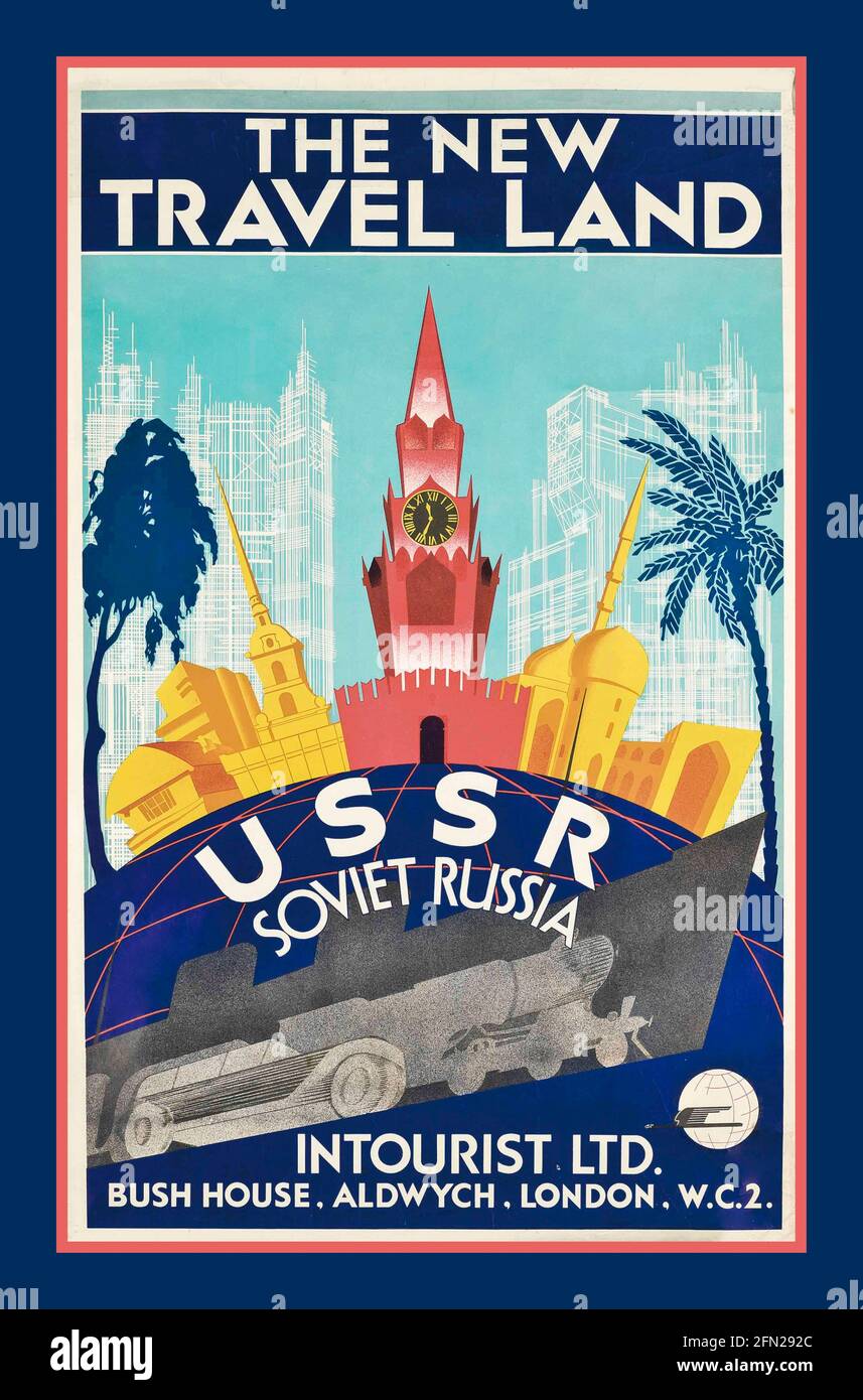 URSS RUSSIE SOVIÉTIQUE RUSSIE AFFICHE DE VOYAGE des années 1930 Max Litvak et Robert Fedor 'la Nouvelle terre de Voyage', URSS Russie soviétique couleur de lithographe vers 1930 Banque D'Images