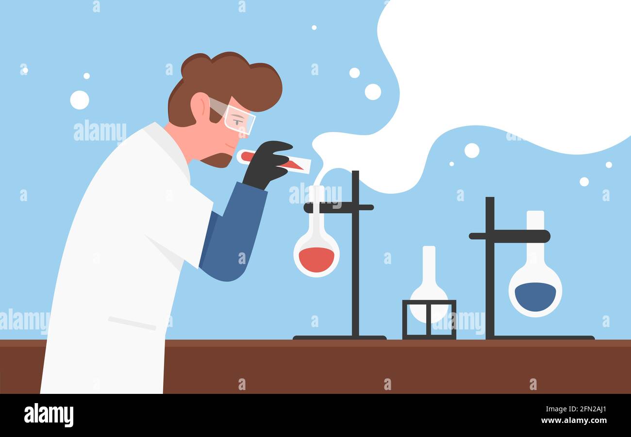 Expérience en laboratoire chimique, recherche scientifique, illustration vectorielle du concept éducatif. Caricature chimiste personnage scientifique dans un masque de protection tenant un tube à essai de laboratoire, chercheur en arrière-plan de travail Illustration de Vecteur