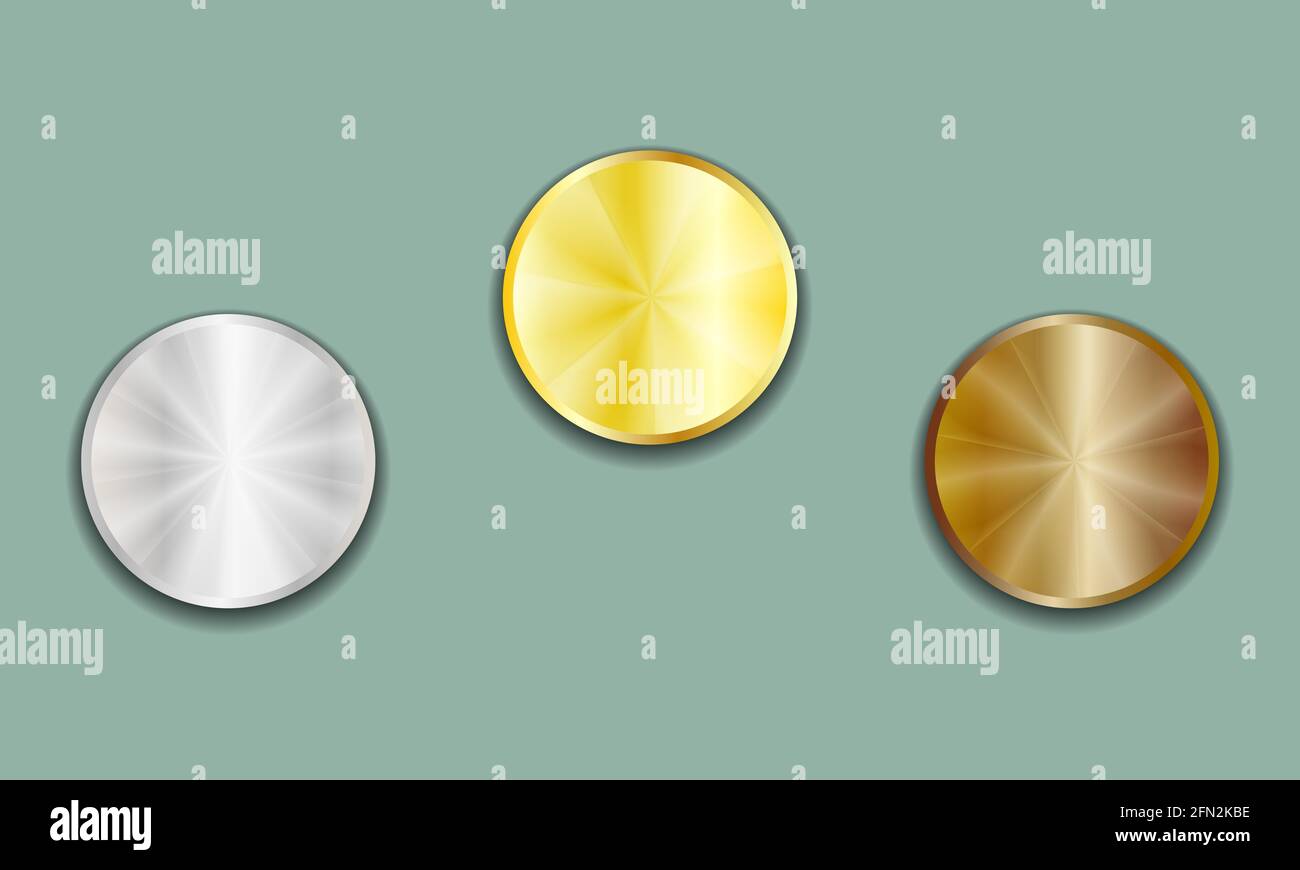 Vide Jeux vierges de modèles vectoriels pour les médailles, pièces, étiquettes de prix, boutons de couture, boutons, icônes ou médailles avec de l'argent or et bronze brillant méta Illustration de Vecteur