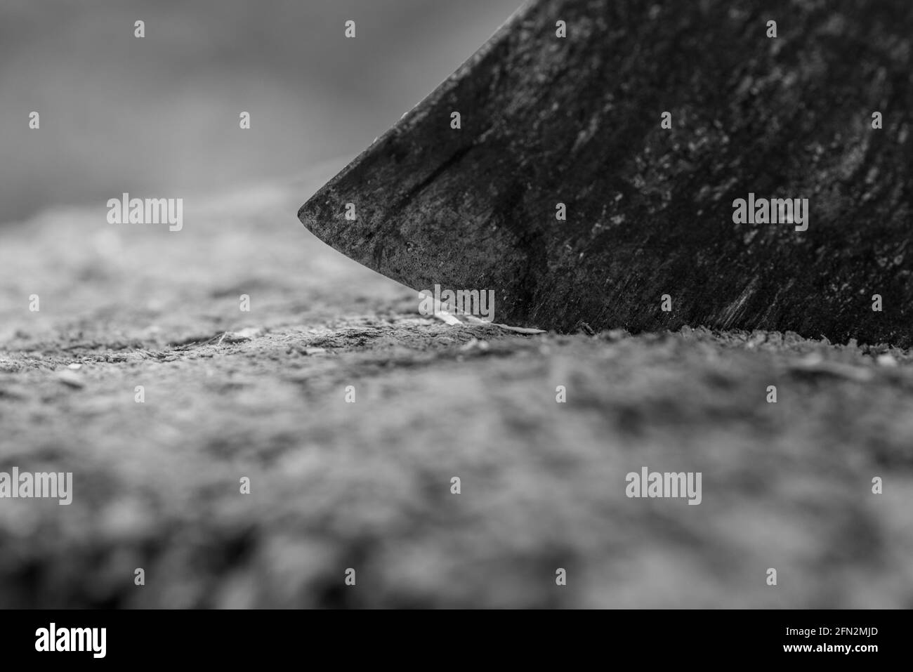 Gros plan en échelle de gris d'un broyeur de bois colle dans le bois chanvre Banque D'Images