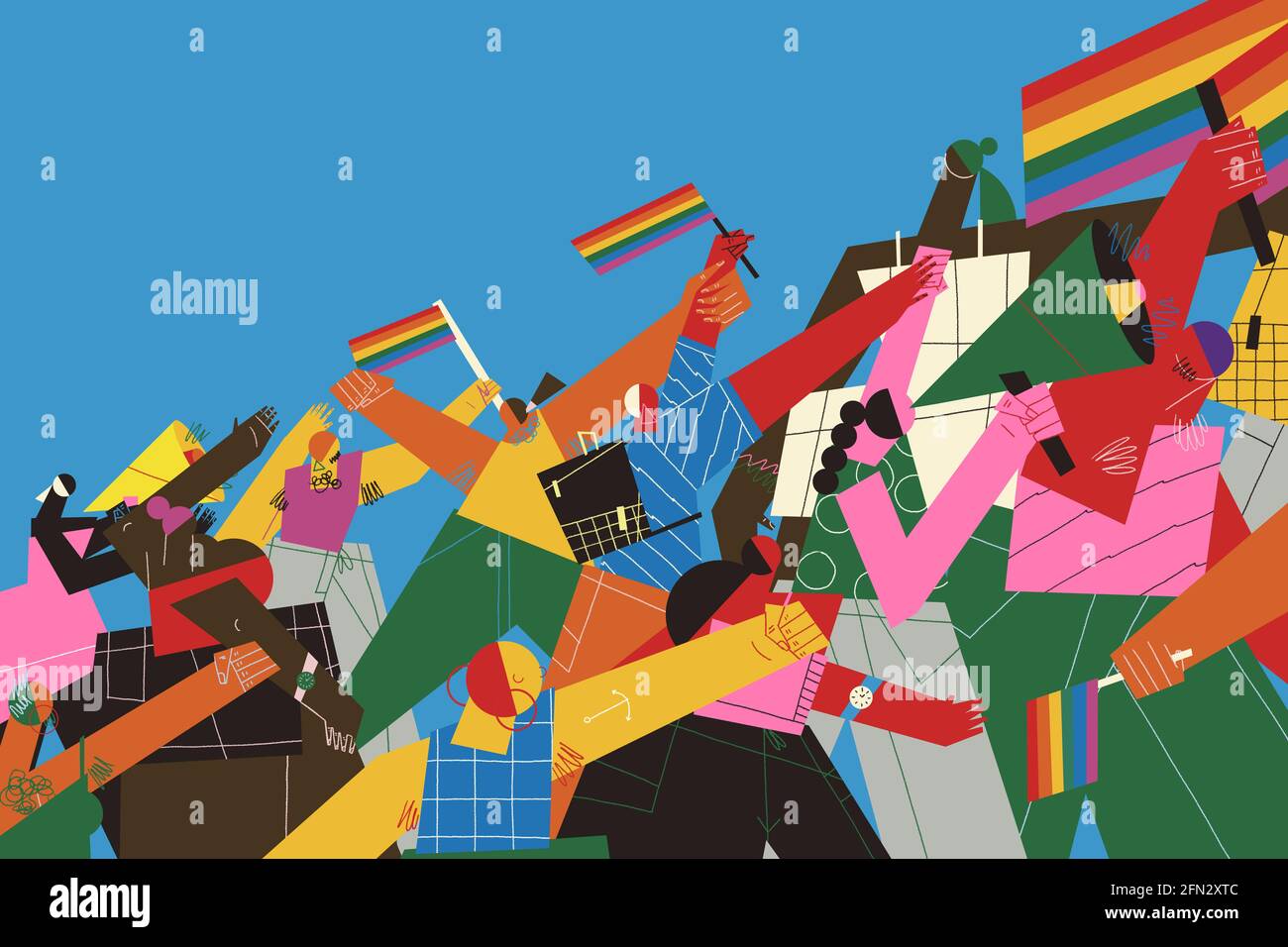 Mouvement activiste par une foule représentant divers activistes communautaires dans une manifestation protestant pour la liberté et les droits. Diversité et inclusi Banque D'Images