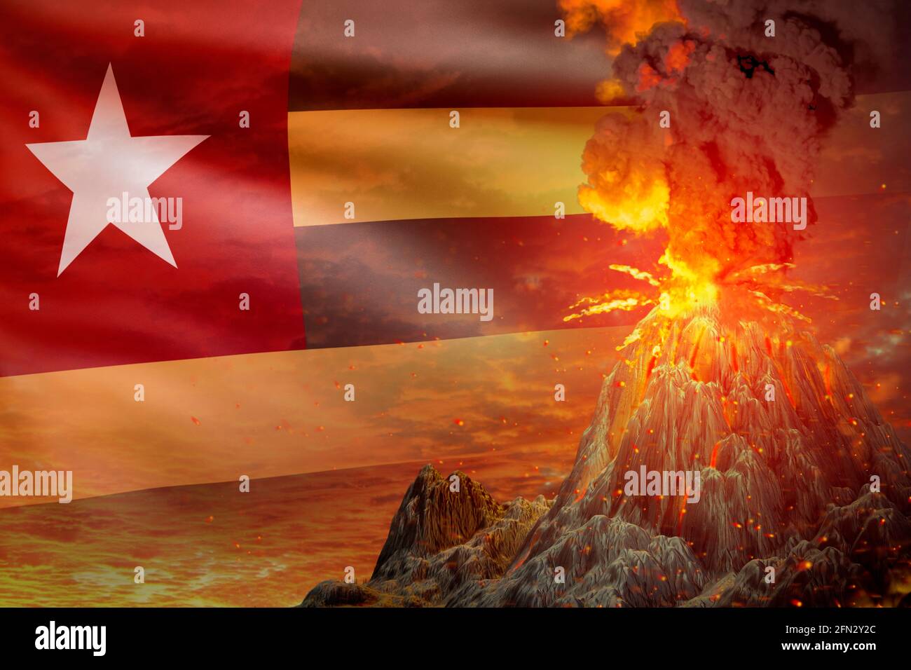 Grande éruption volcanique la nuit avec une explosion sur fond de drapeau togolais, des problèmes en raison de l'éruption et du tremblement de terre volcanique illustration 3D conceptuelle Banque D'Images