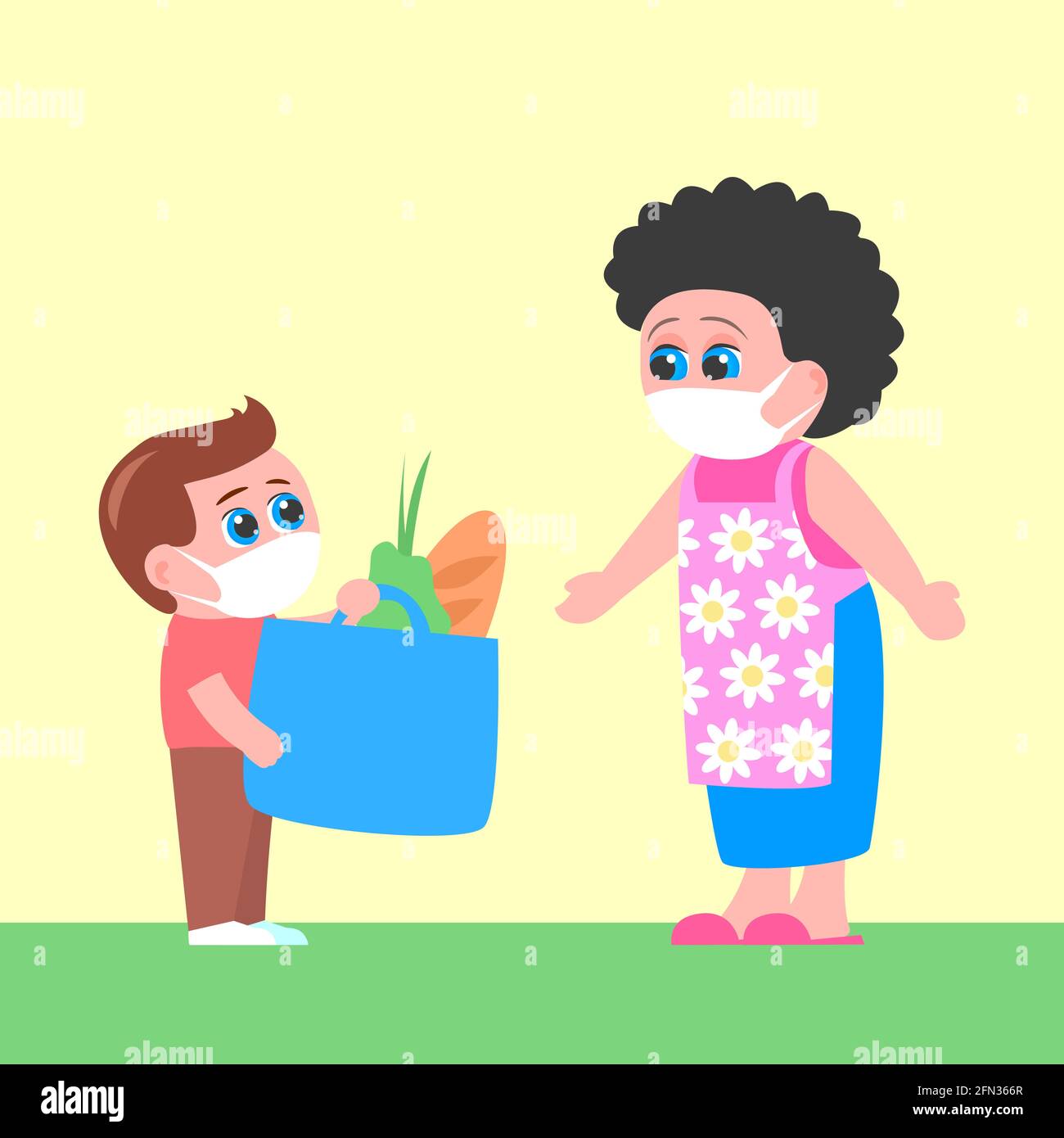 Un petit garçon apporta de la nourriture à sa grand-mère. Personnes masquées. Aide pendant la quarantaine. Illustration de dessin animé vectoriel Illustration de Vecteur