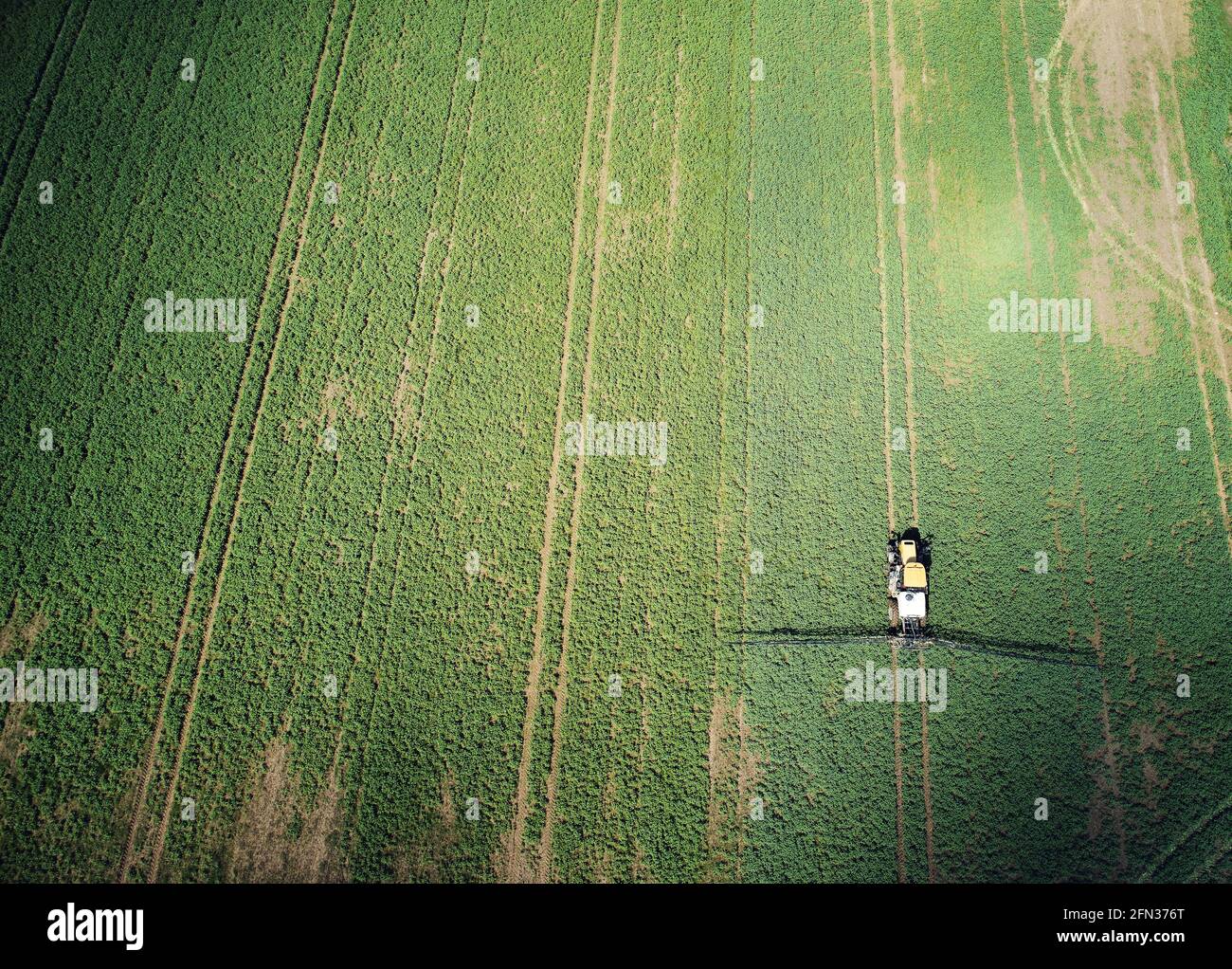 Agriculture champ vert avec tracteur appliquer les produits chimiques au-dessus du sommet du drone vue Banque D'Images Agriculture champ vert avec tracteur appliquer les produits chimiques au-dessus du sommet du drone vue Banque D'Images