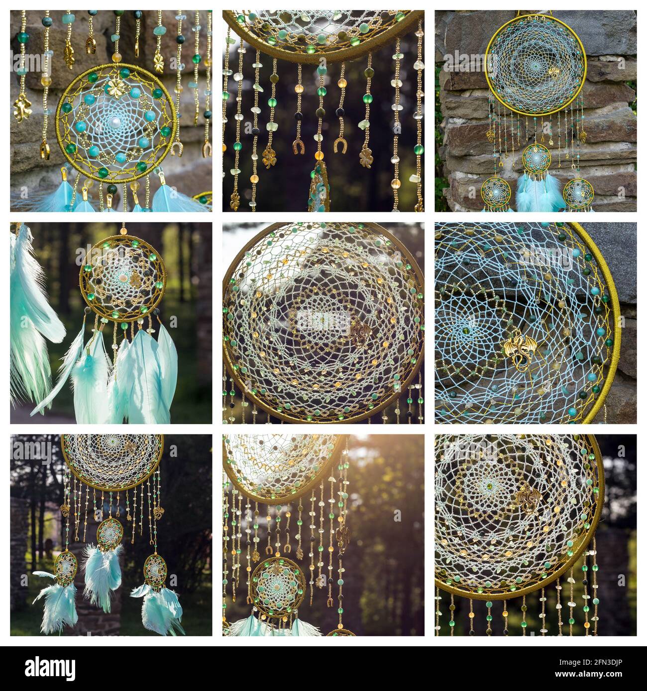 Collage de Dream Catcher avec plumes fils et perles corde pendante. Dreamcatcher fait à la main Banque D'Images