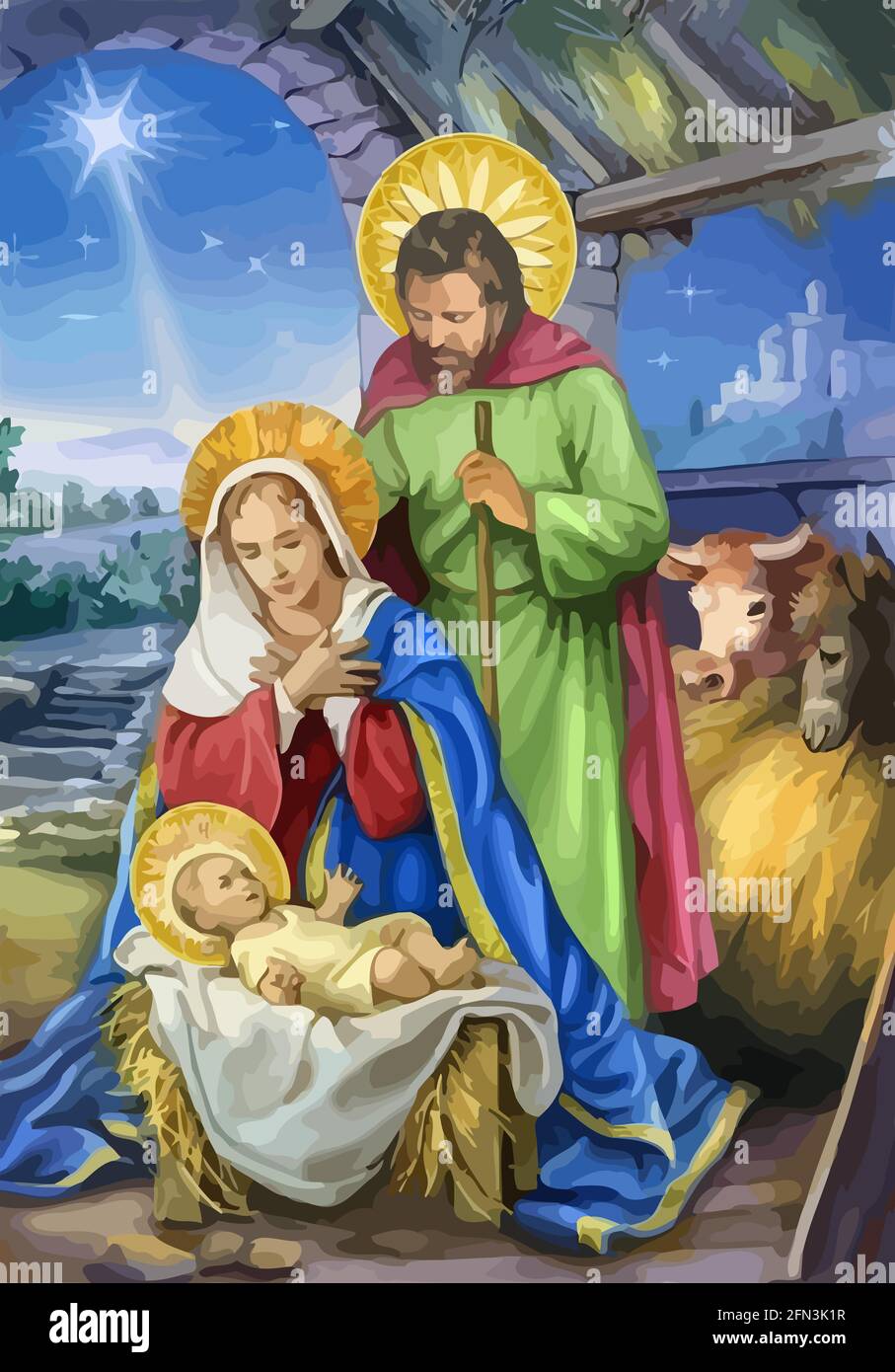 Sainte famille noël bébé Jésus Nazareth bible illustration naissance Banque D'Images