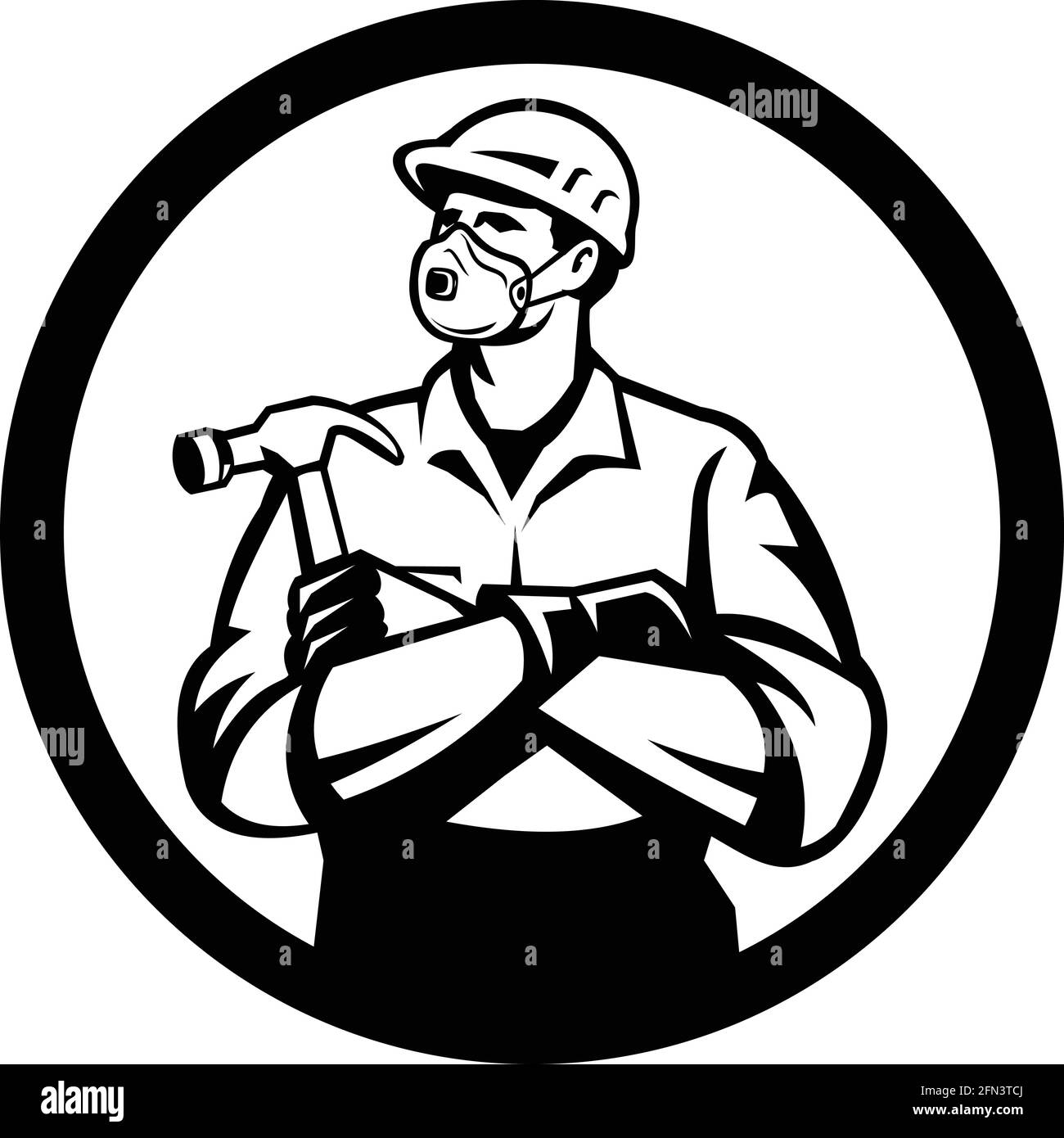 Illustration d'un constructeur de menuisier portant un masque facial ou Respirateur à particules N95 jetable avec jeu de marteaux de maintien croisés sur les bras cercle intérieur sh Illustration de Vecteur