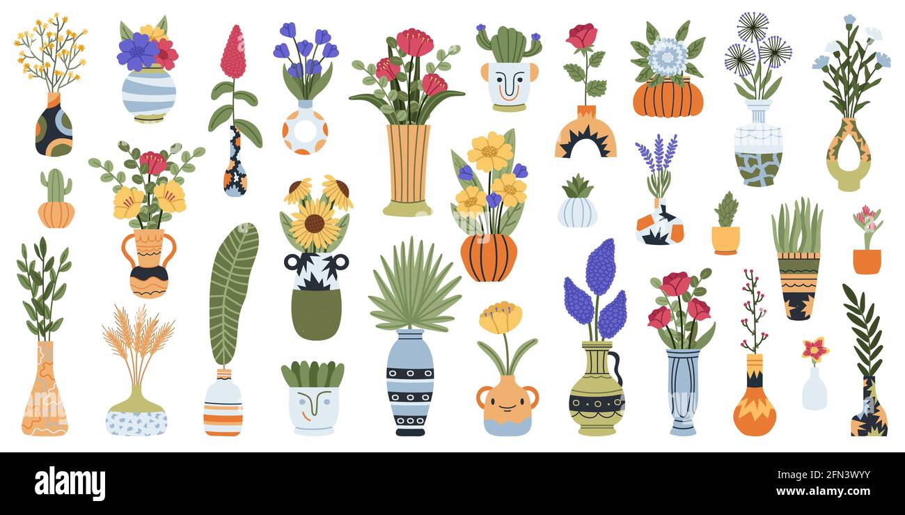Vases avec fleurs. Lilas, narcisse et tulipes fleurs bouquets en céramique, argile ou vases porcelaine ensemble d'illustrations vectorielles. Bouquet dans vase Illustration de Vecteur