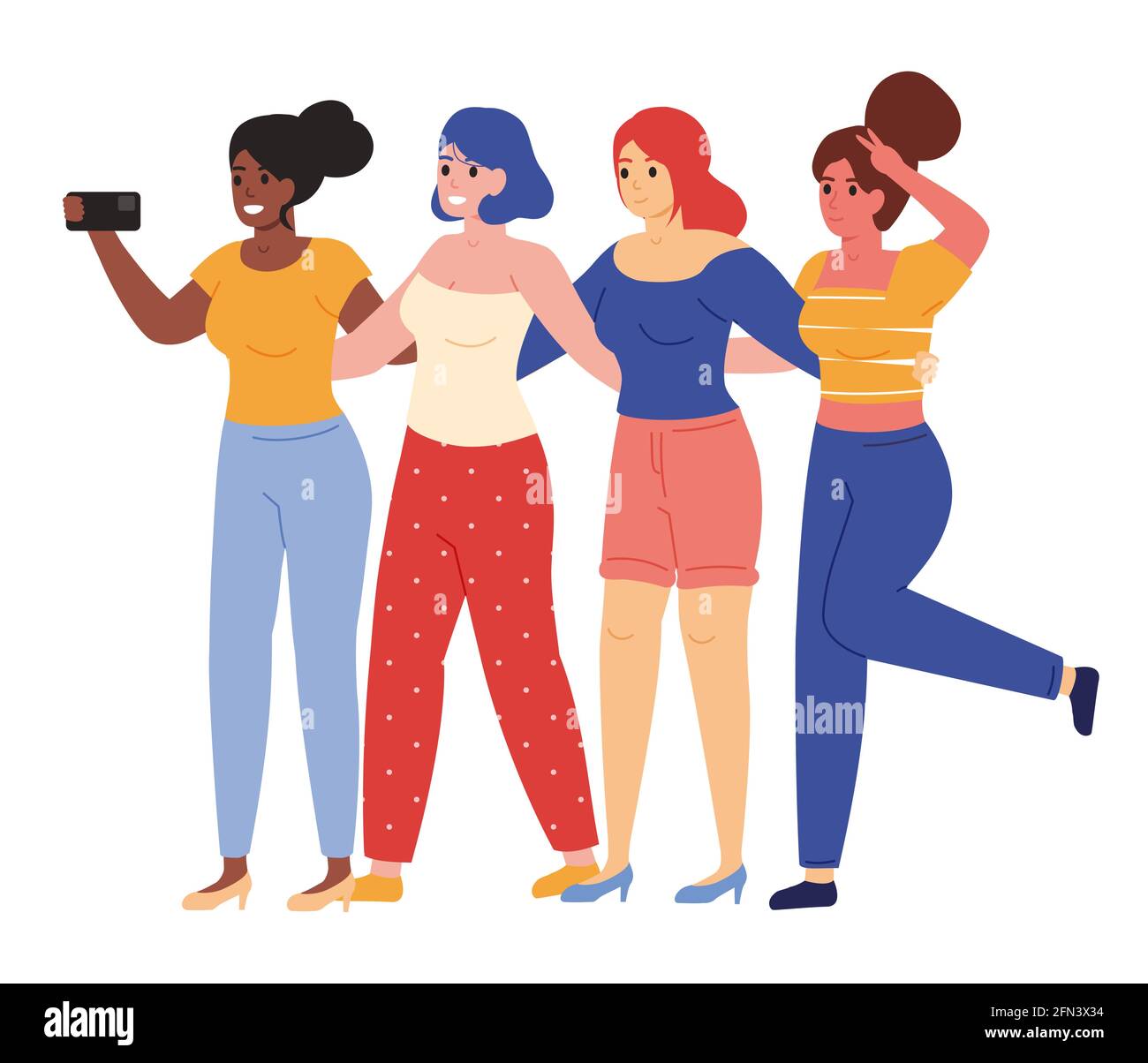 Des amies qui prennent le selfie. De jeunes filles heureuses posant pour l'illustration de vecteur de selfie de groupe. Concept d'amitié féminine Illustration de Vecteur