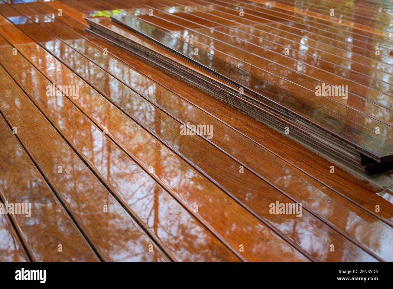 Terrasse en bois massif de l'IPE le jour de la pluie. Gros plan. Banque D'Images
