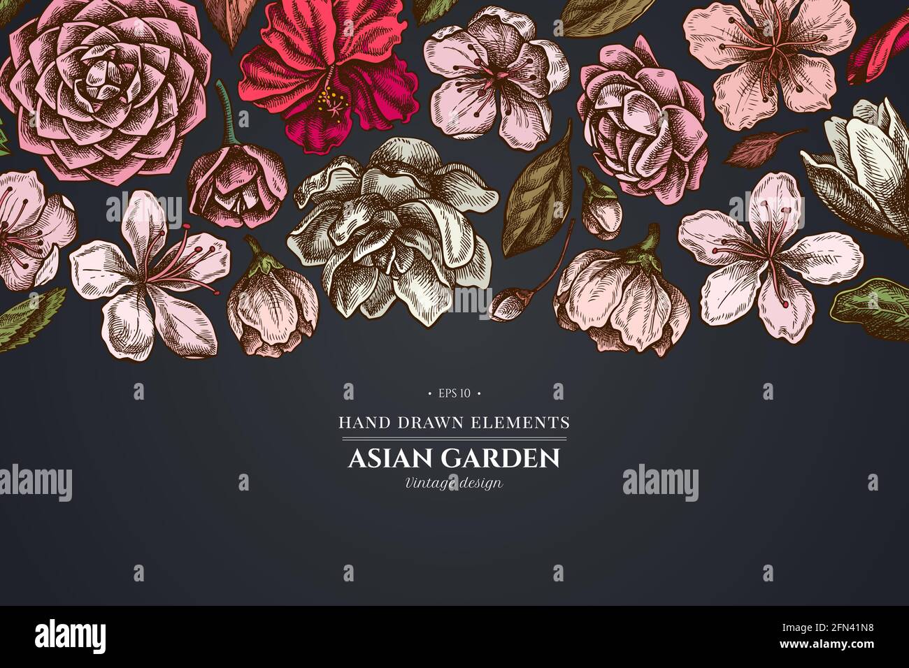 Motif floral sur fond sombre avec hibiscus, fleurs de prune, fleurs de pêche, fleurs de sakura, fleurs de magnolia, camellia japonica Illustration de Vecteur