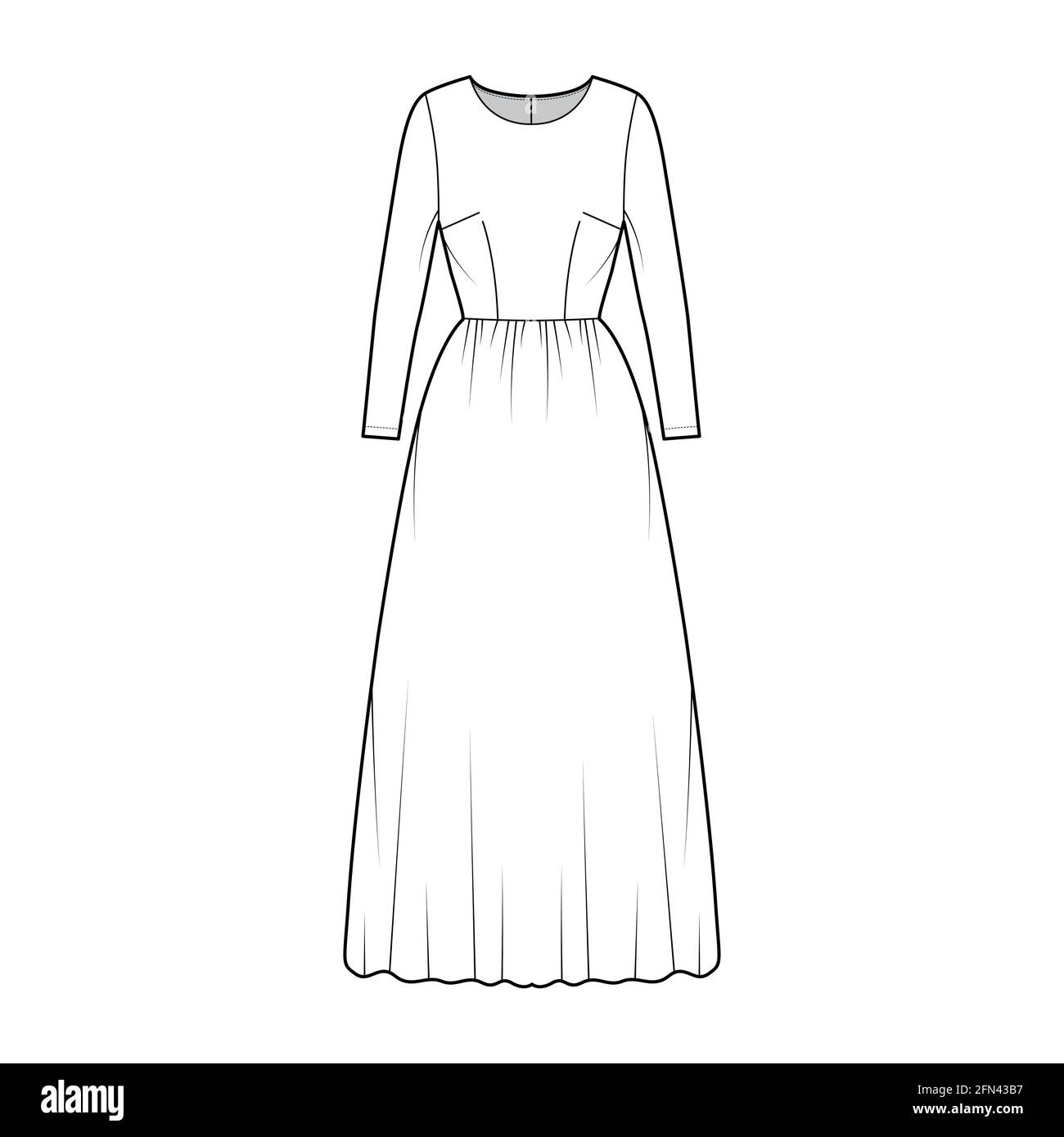 Robe longue technique mode illustration avec manche longue, corps ajusté, longueur du sol jupe complète. Vêtements plats sur le devant, coloris blanc. Femmes, hommes unisex CAD maquette Illustration de Vecteur