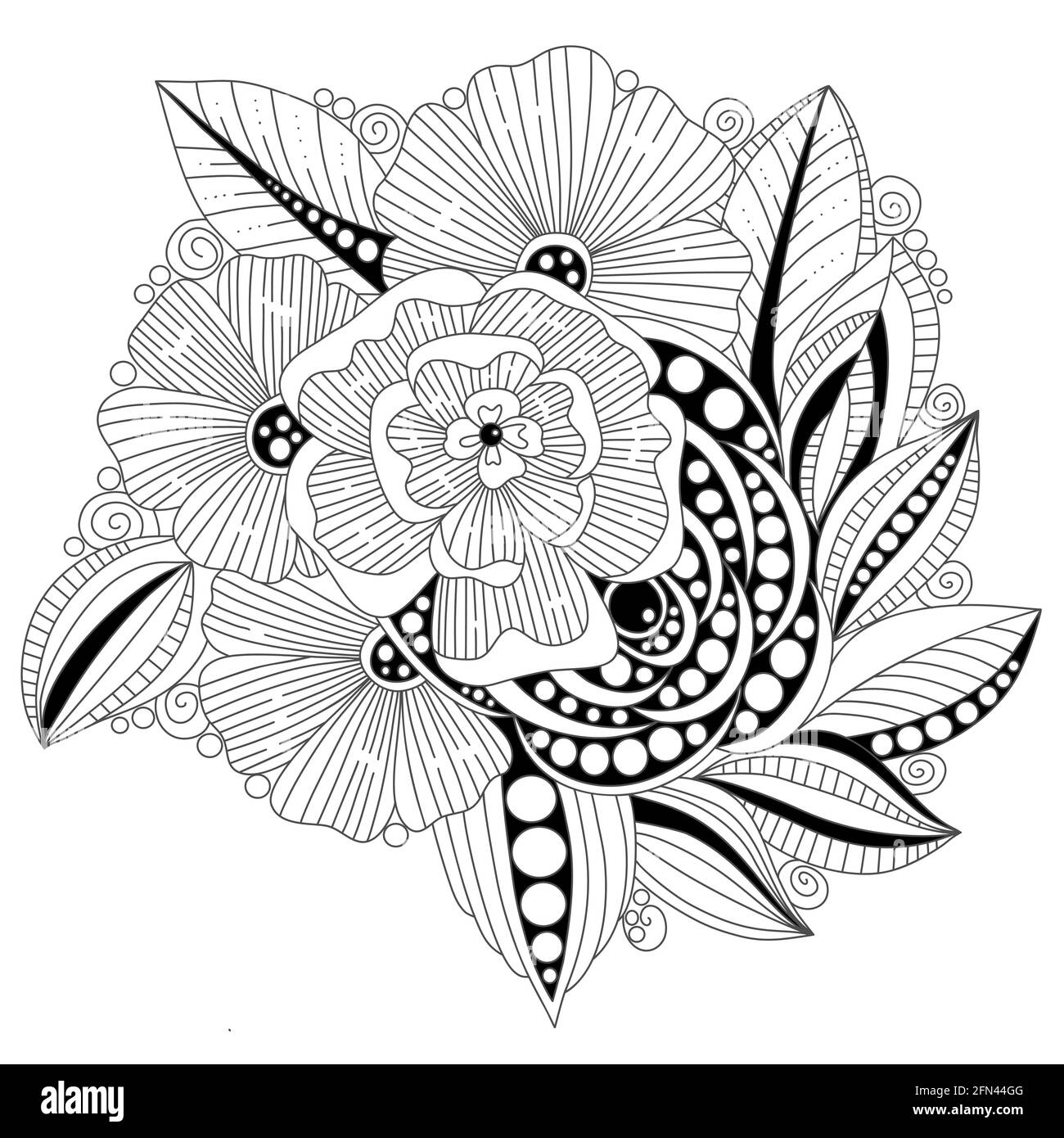 Outline doodle fleurs en noir et blanc pour adultes coloriage livres, monocrome résumé floral vecteur de motif. Yoga, élément de conception de méditation. Illustration de Vecteur