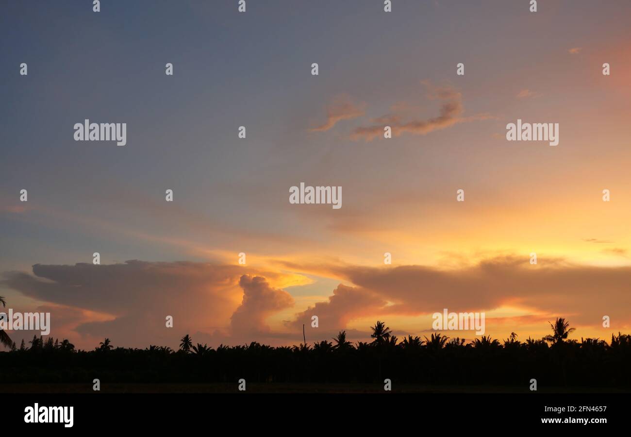 Nuage de couleur or et ciel bleu à l'heure magique au coucher du soleil, l'horizon a commencé à tourner orange avec des nuages pourpres la nuit, ciel bleu ciel spectaculaire paysage nuageux Banque D'Images