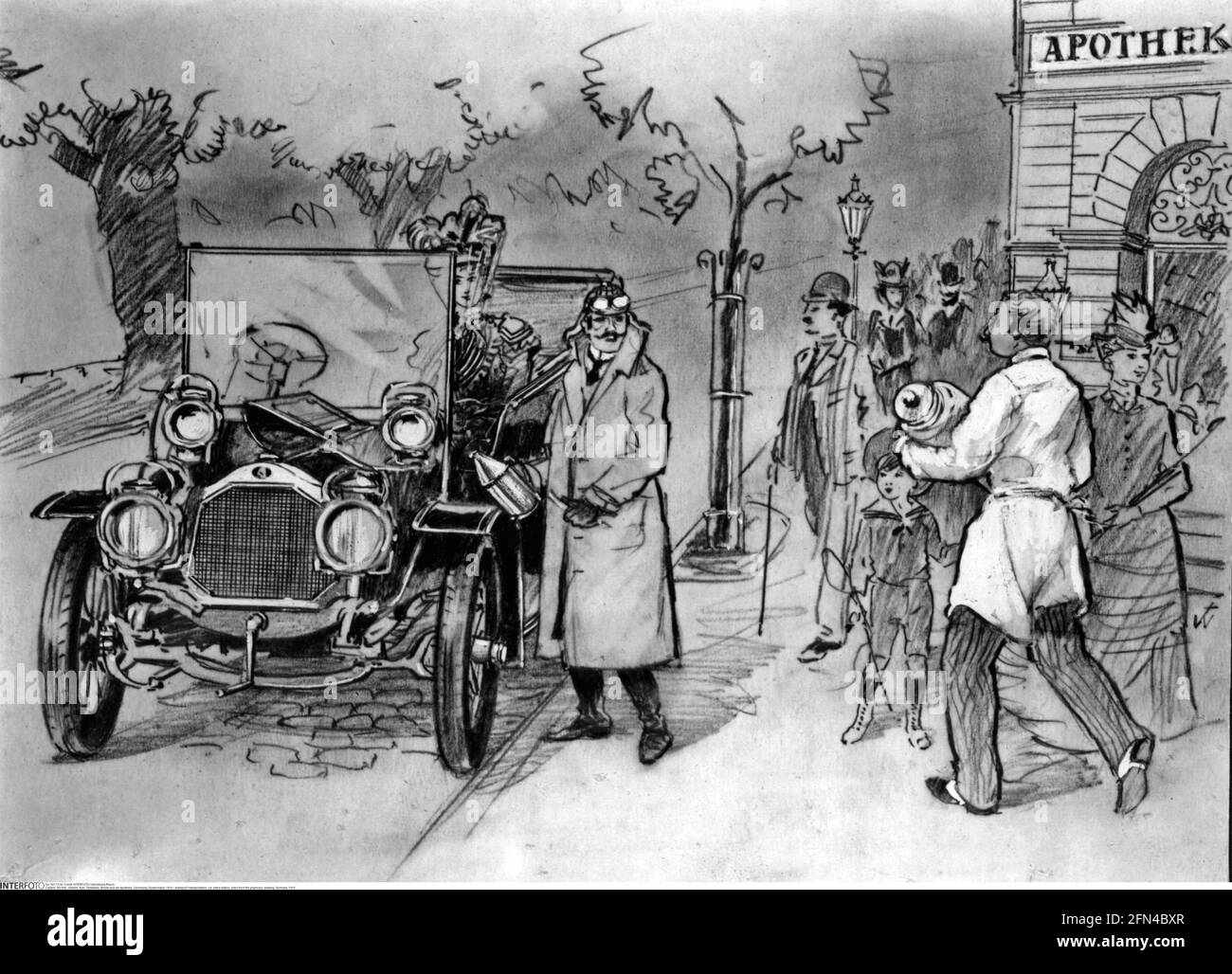 Transport / transport, voiture, station-service, essence de la pharmacie, dessin, Allemagne, 1910, DROITS-SUPPLÉMENTAIRES-AUTORISATION-INFO-NON-DISPONIBLE Banque D'Images