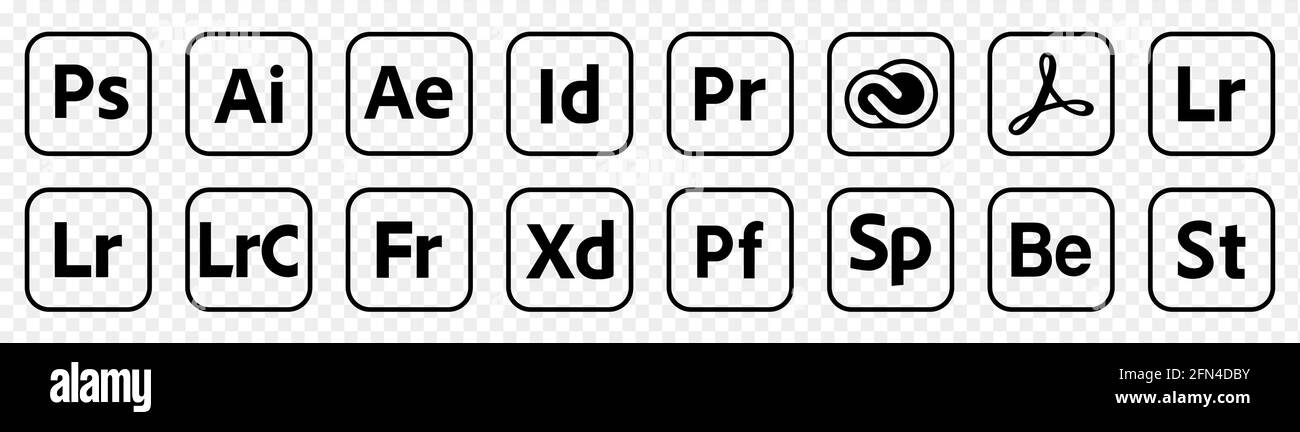 VINNYTSIA, UKRAINE - MAI 11 2021: Ensemble des icônes populaires d'Adobe. Signe de style linéaire pour le concept mobile et le web design. Vecteur éditorial illustrat Illustration de Vecteur