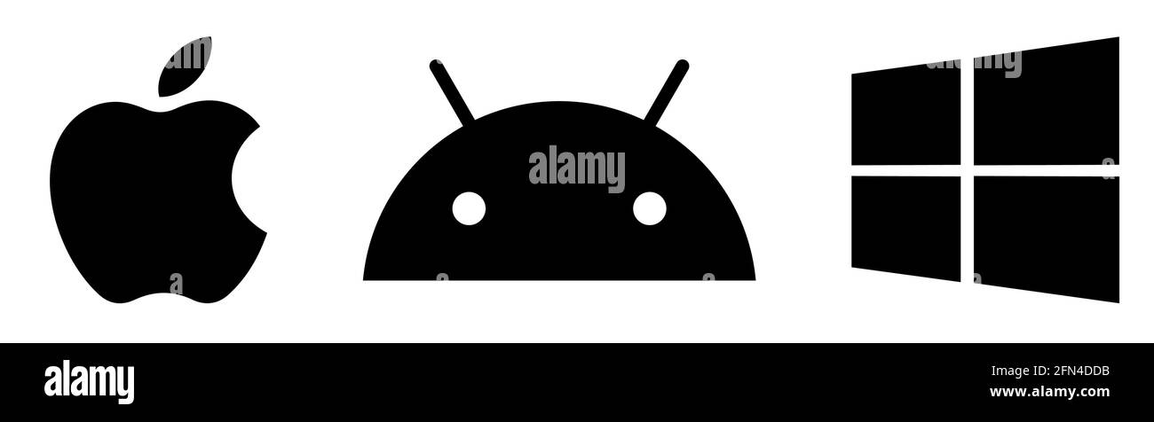 Vinnytsia, Ukraine - 12 mai 2021 : ensemble des logos de systèmes d'exploitation de marque supérieure. Logos Mac OS, Android 10 et Windows 10. Vecteur éditorial isolé sur le coup Illustration de Vecteur
