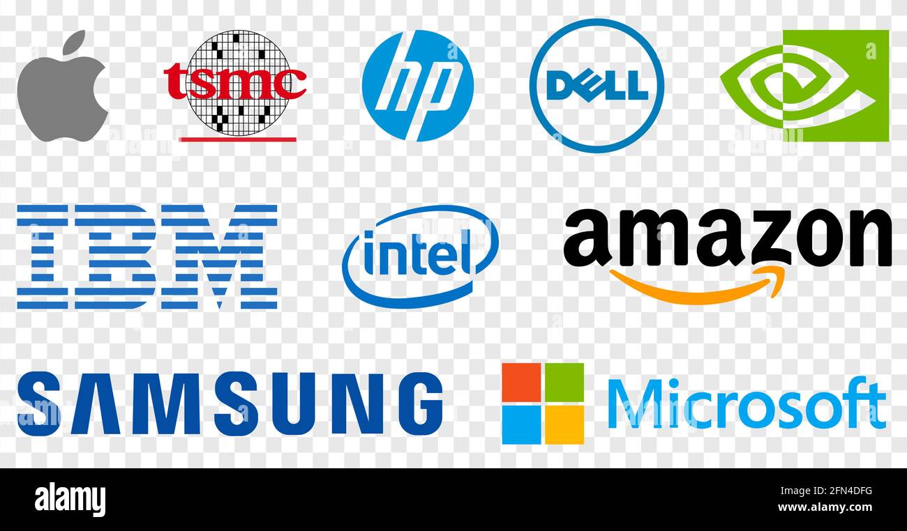 Vinnytsia, Ukraine - 13 mai 2021: Top 10 des entreprises d'électronique dans le monde. Apple, Amazon, Microsoft, Intel, IBM, TSMC, Samsung, Nvidia Corporation, HP Illustration de Vecteur