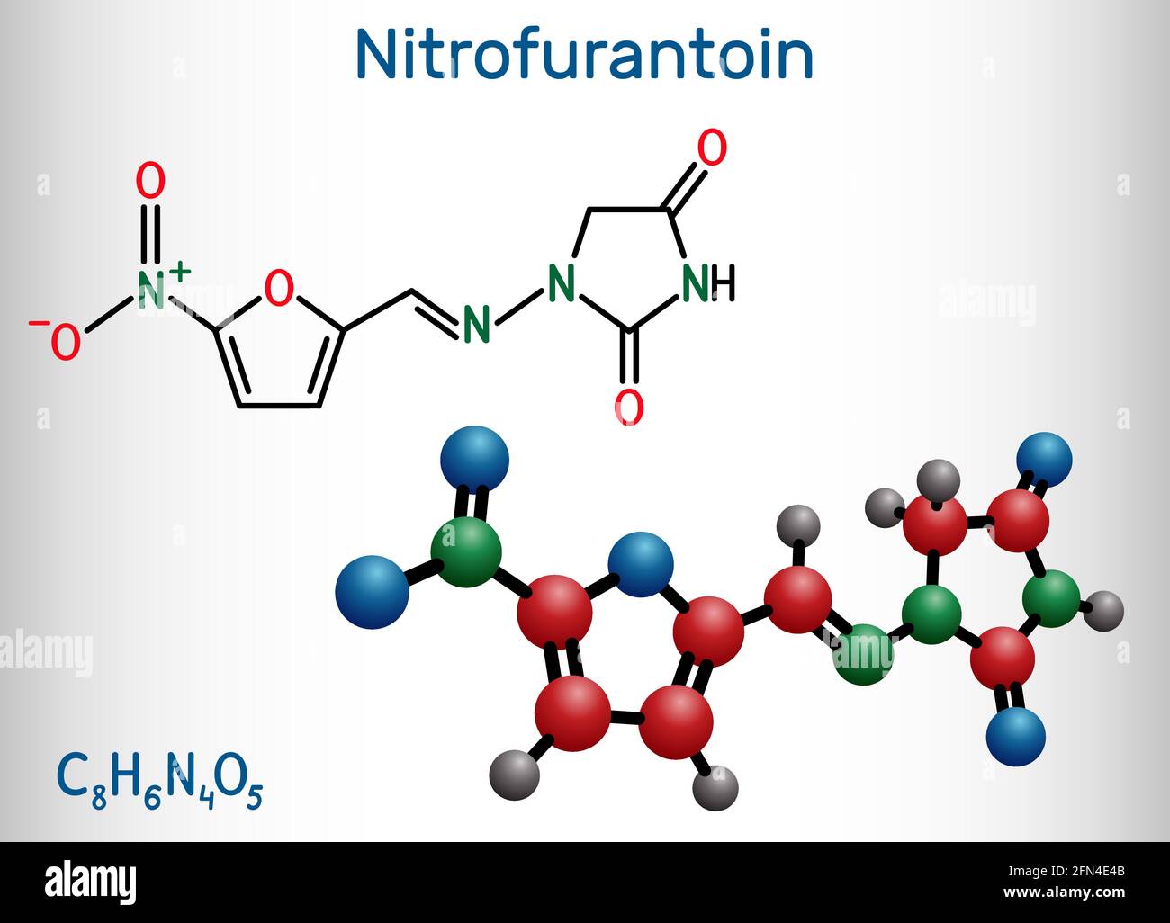 Molécule de nitrofurantoine. Il est nitrofurane antibiotique utilisé pour traiter les infections des voies urinaires. Formule chimique structurelle et modèle moléculaire. Vecteur il Illustration de Vecteur