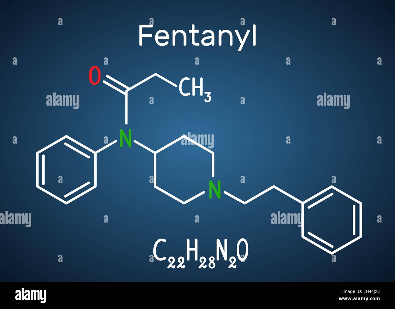 Molécule de fentanyl. Il est analgésique opioïde. Formule chimique structurale et modèle moléculaire sur fond bleu foncé. Illustration vectorielle Illustration de Vecteur
