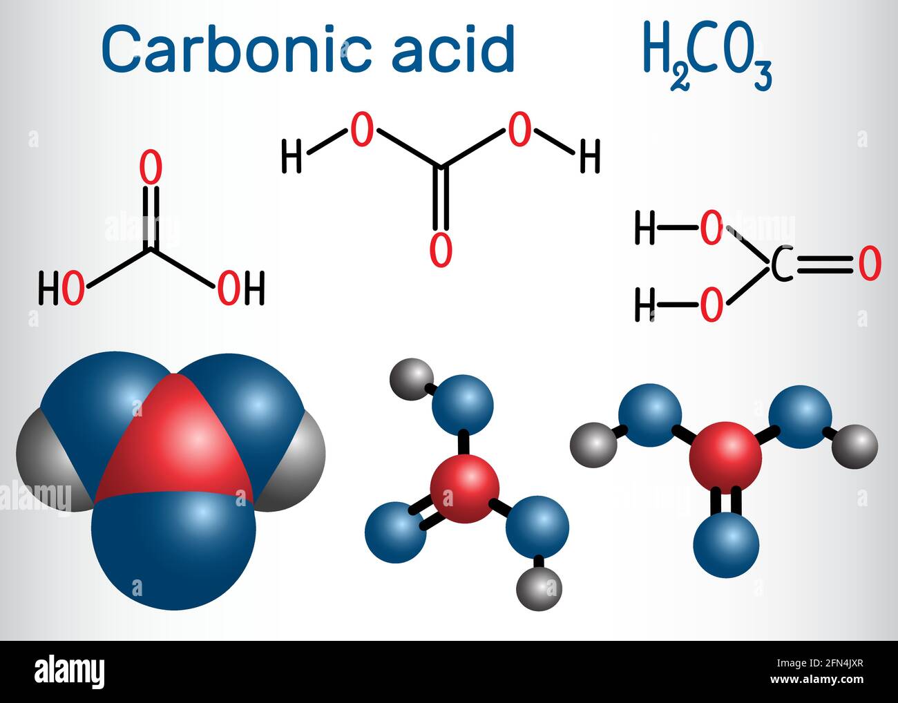Molécule d'acide carbonique (H2CO3) . Il s'agit également d'une solution de dioxyde de carbone dans l'eau (eau gazéifiée). Formule chimique structurelle et modèle moléculaire. V Illustration de Vecteur