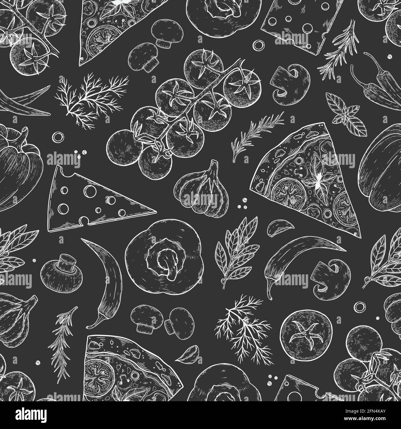 Fond d'ingrédients de pizza. Graphique linéaire. Tomate, ail, basilic, olive, poivre, champignon, feuille. Motif sans couture. Illustration de Vecteur