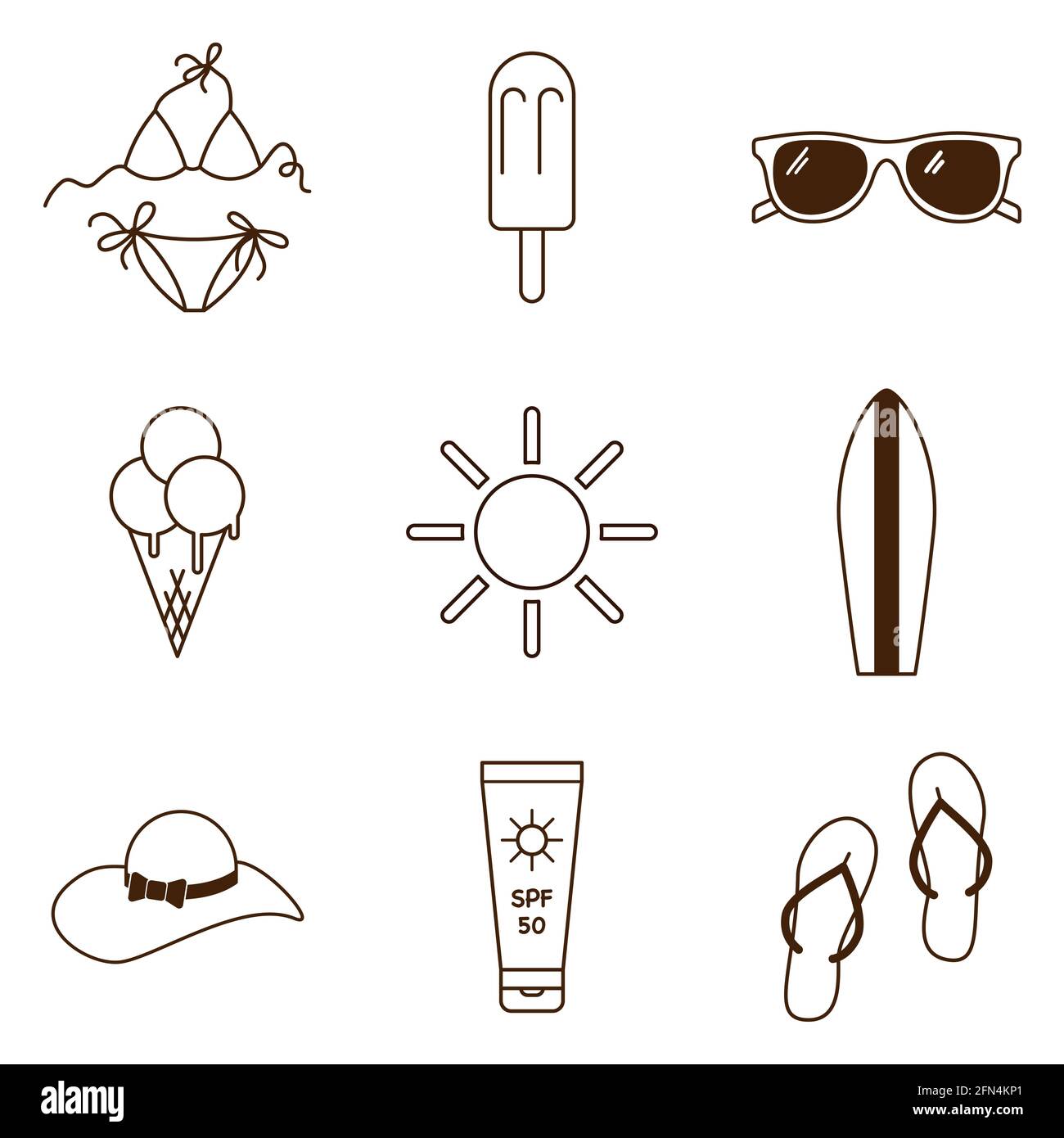 Collection vectorielle noir et blanc d'icônes plates d'été. Les icônes de contour pour les vacances de loisirs de plage Illustration de Vecteur