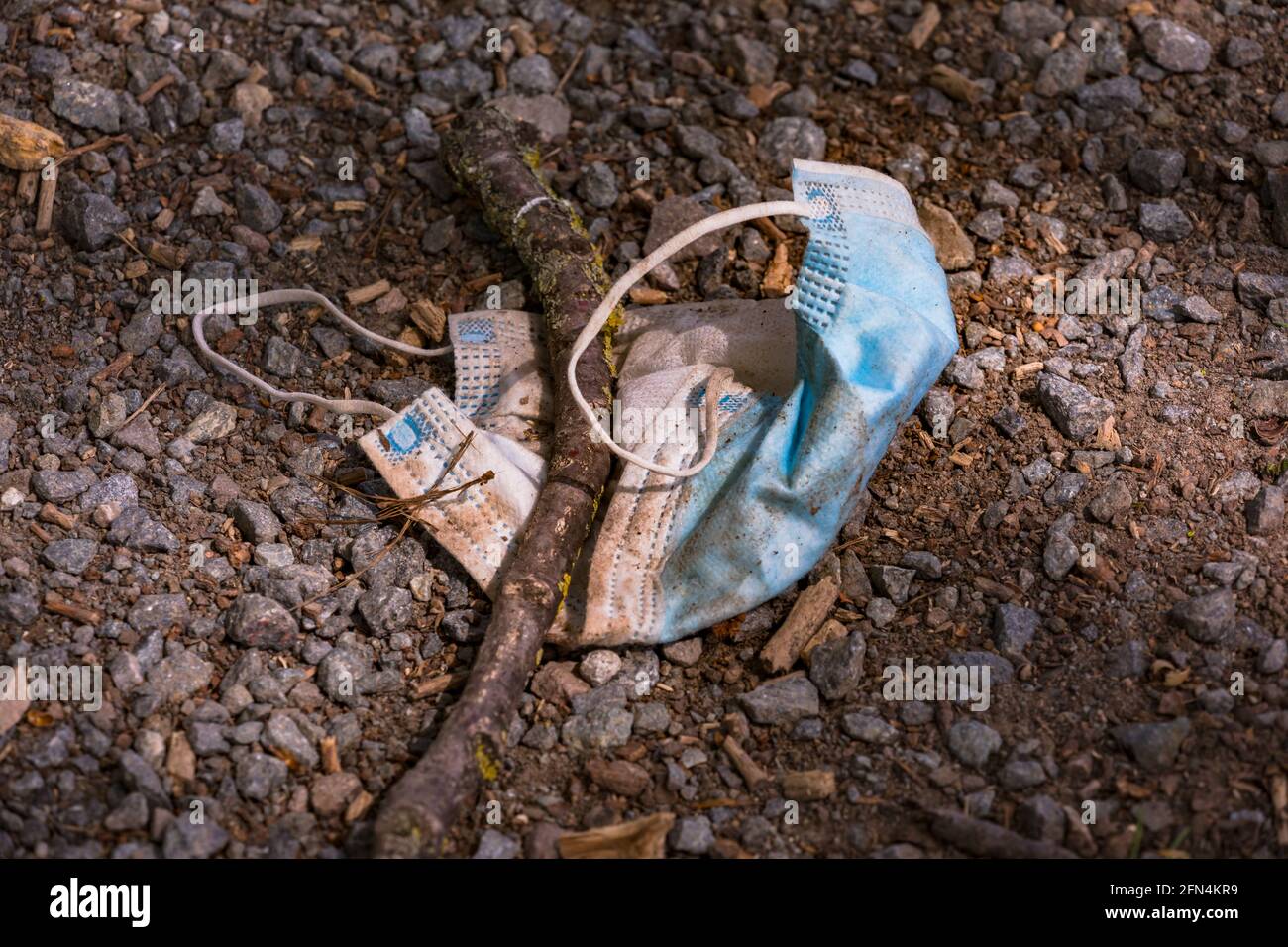 Un masque médical est jeté dans un pré et pollue l'environnement Banque D'Images