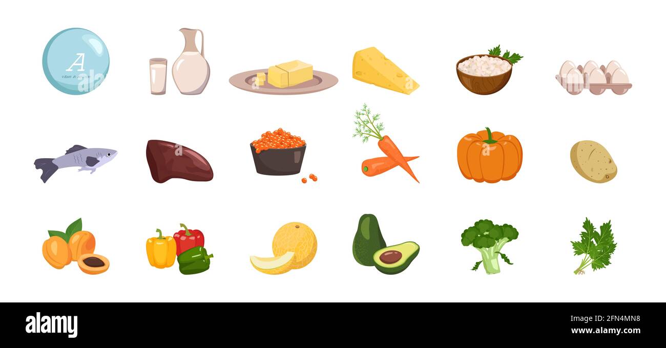 Source de vitamine A. Collection de légumes, de fruits et d'herbes. Alimentation. Un mode de vie sain. La composition des produits Illustration de Vecteur