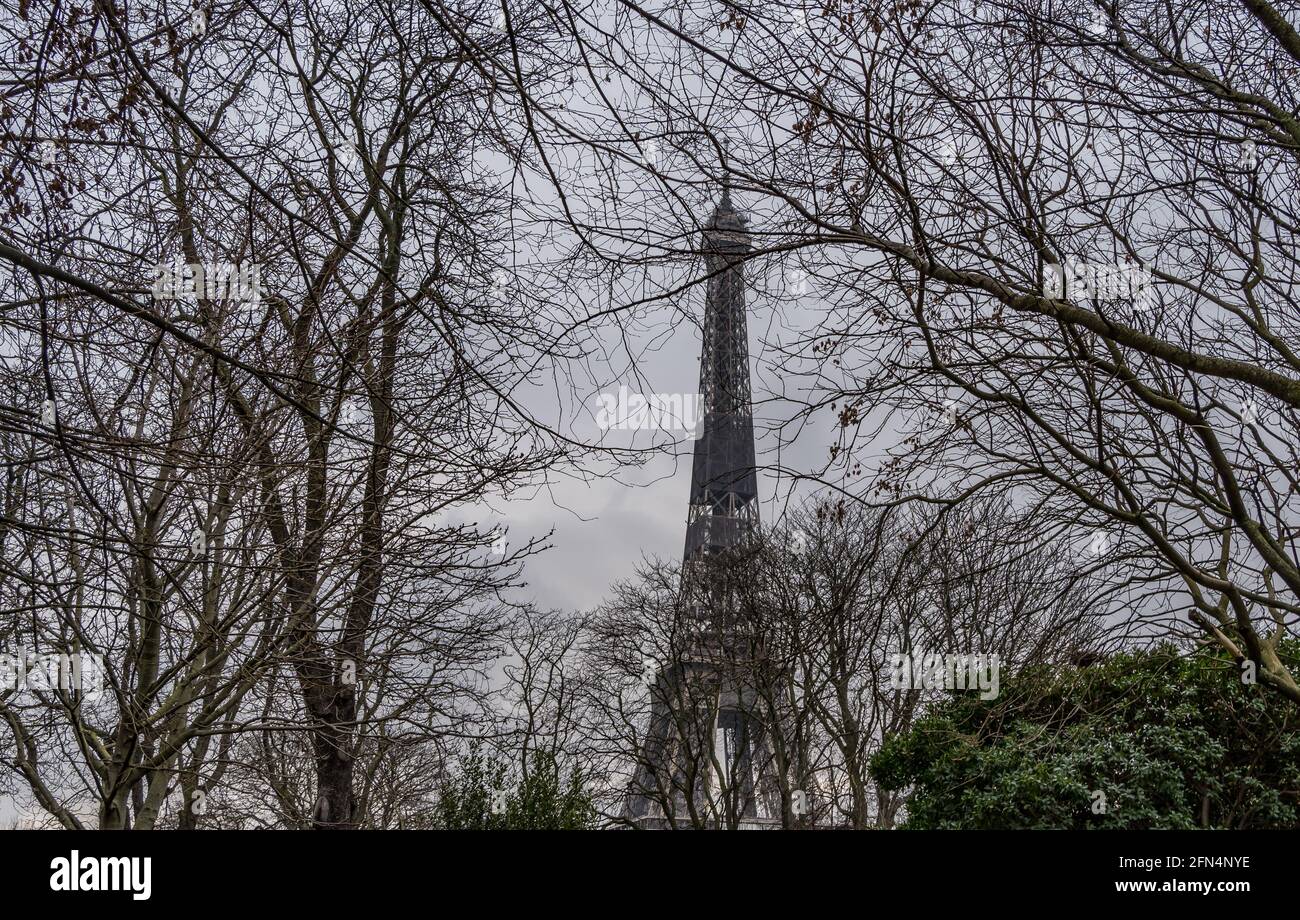 La Tour Eiffel vue à travers les arbres depuis les jardins du Trocadéro en hiver Banque D'Images