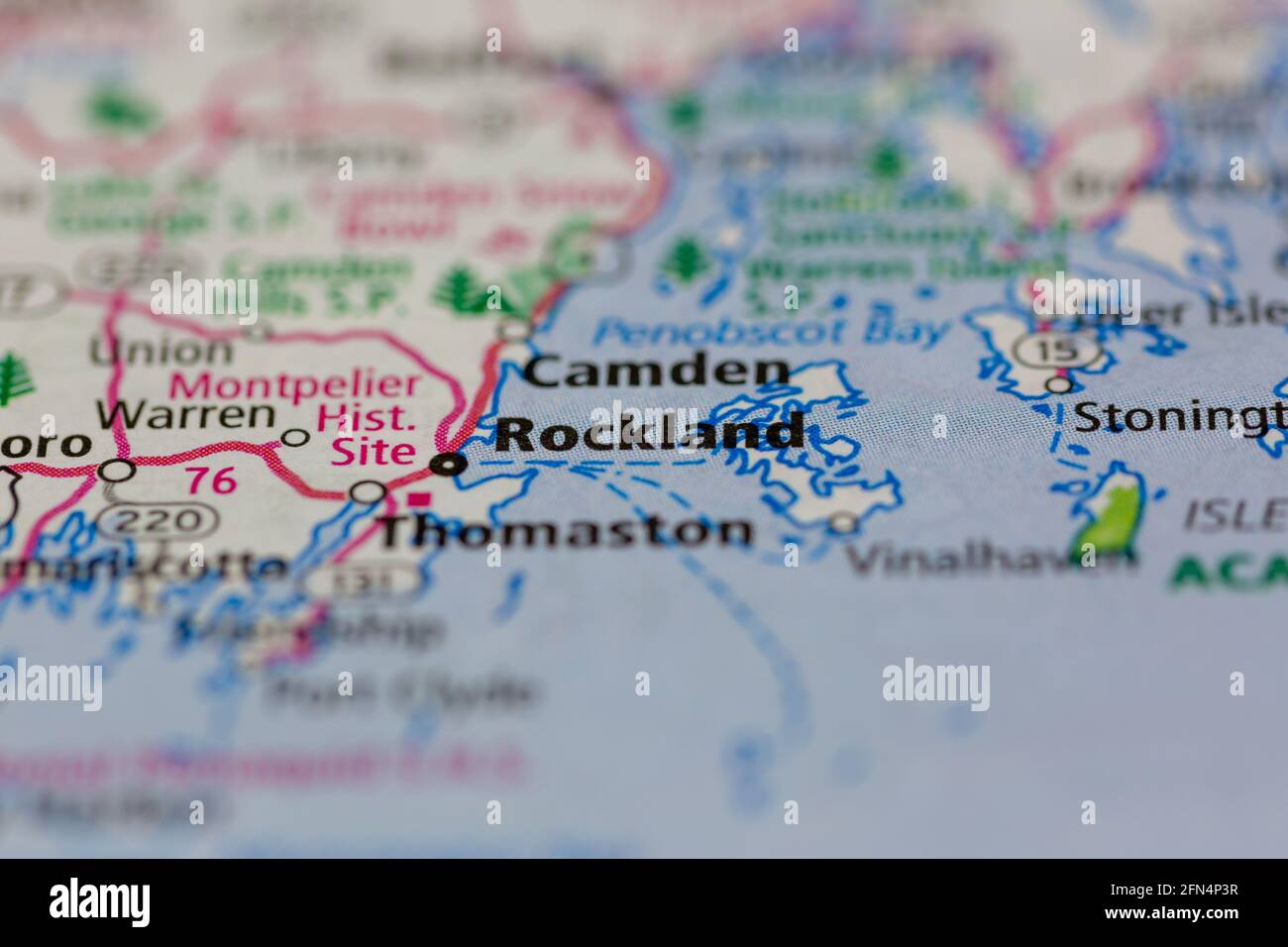 Rockland Maine USA montré sur une carte ou une route de la géographie carte Banque D'Images