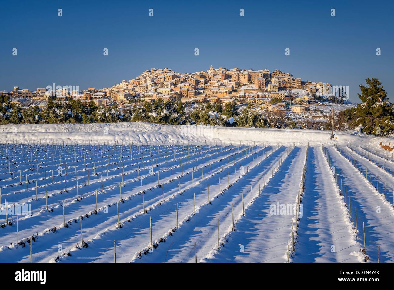 Village de Horta de Sant Joan et vignobles en premier plan, en hiver après-midi enneigé après une forte chute de neige Terra Alta, Tarragone, Catalogne, Espagne Banque D'Images