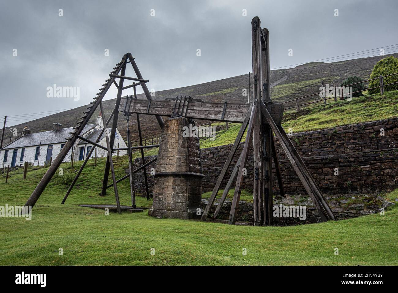L'ancien moteur de faisceau à Wanlockhead dans les collines de plomb. Il a été utilisé dans une ancienne mine de plomb pour retirer l'eau de la mine. Banque D'Images