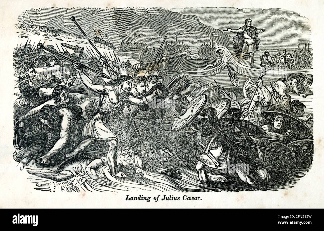 Débarquement de Jules César du livre Histoire de l'Angleterre : avec des croquis historiques distincts de l'Écosse, du pays de Galles et de l'Irlande; de l'invasion de Julius Cæsar jusqu'à l'accession de la reine Victoria au trône britannique. Par Russell, John, A. M., publié à Philadelphie par Hogan & Thompso en 1844 Banque D'Images