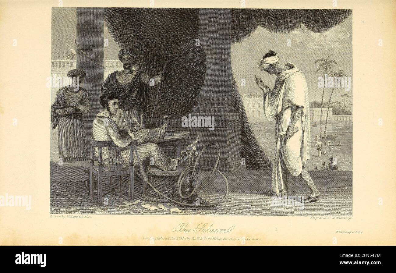 The Salaam [salutation] du livre ' The Oriental Annual, or, Scenes in India ' du rév. Hobart Caunter publié par Edward Bull, Londres 1835 gravures de dessins de William Daniell Banque D'Images